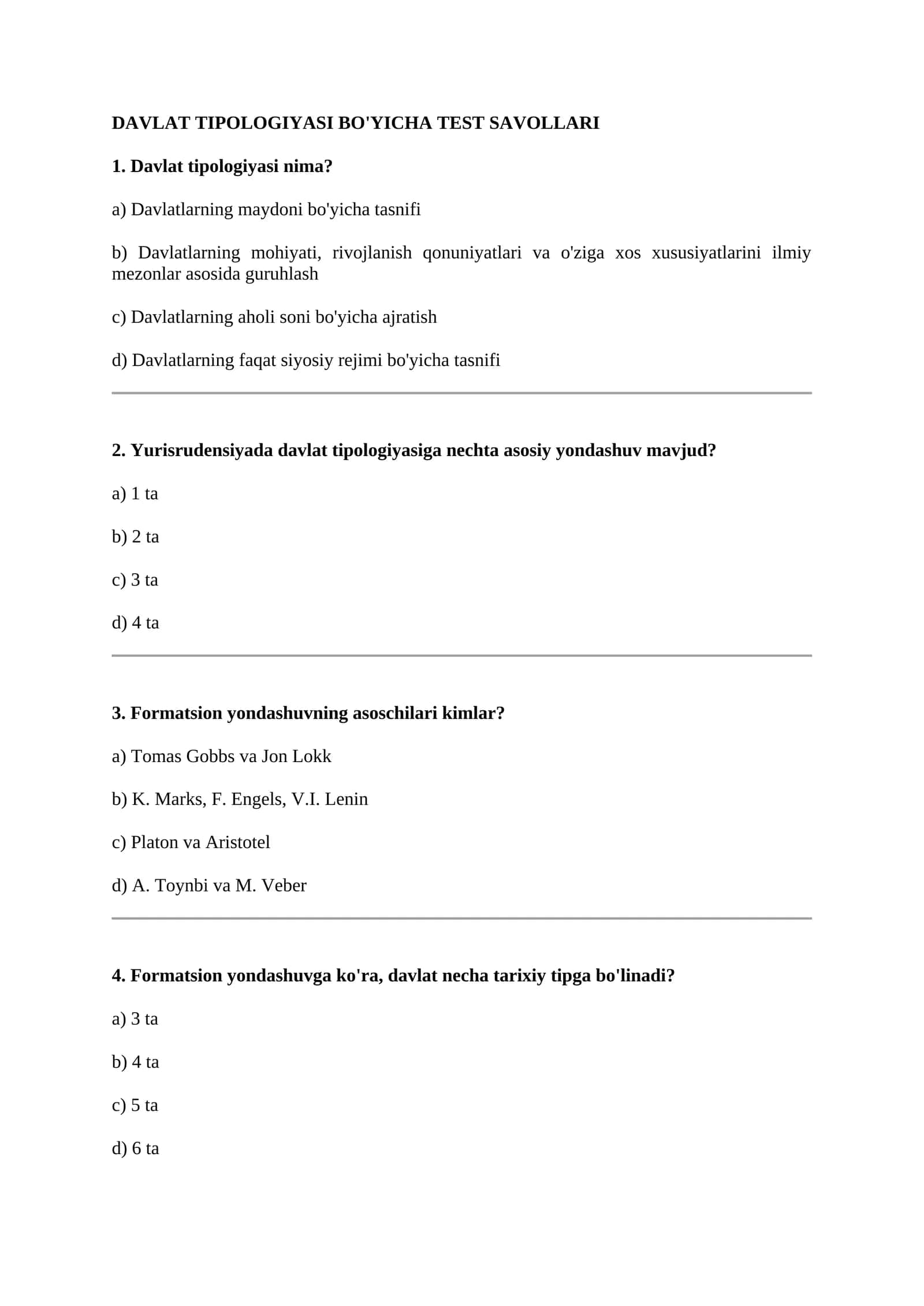 Davlat Tipologiyasi Bo'yicha Test Savollari