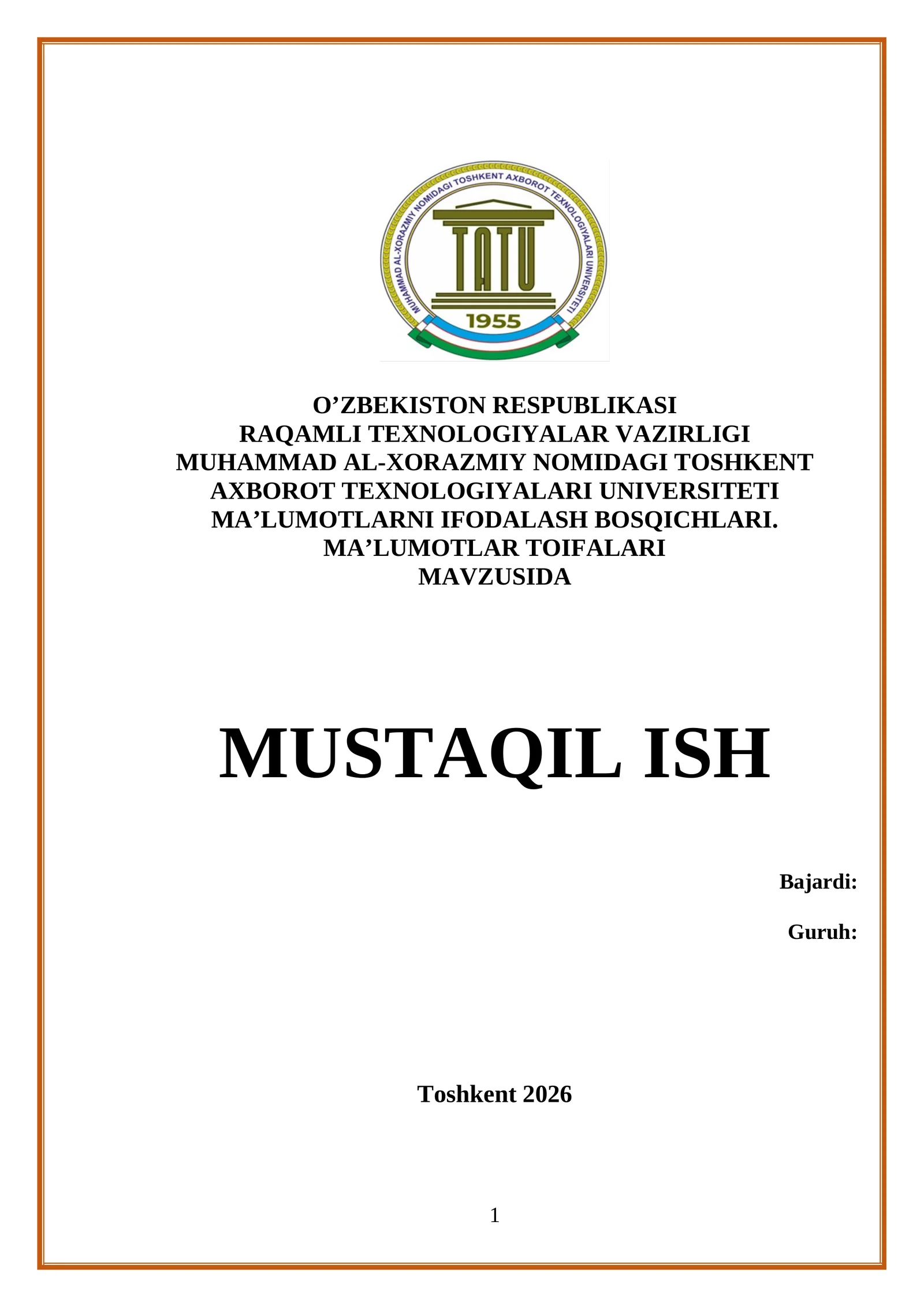 MA’LUMOTLARNI IFODALASH BOSQICHLARI. MA’LUMOTLAR TOIFALARI