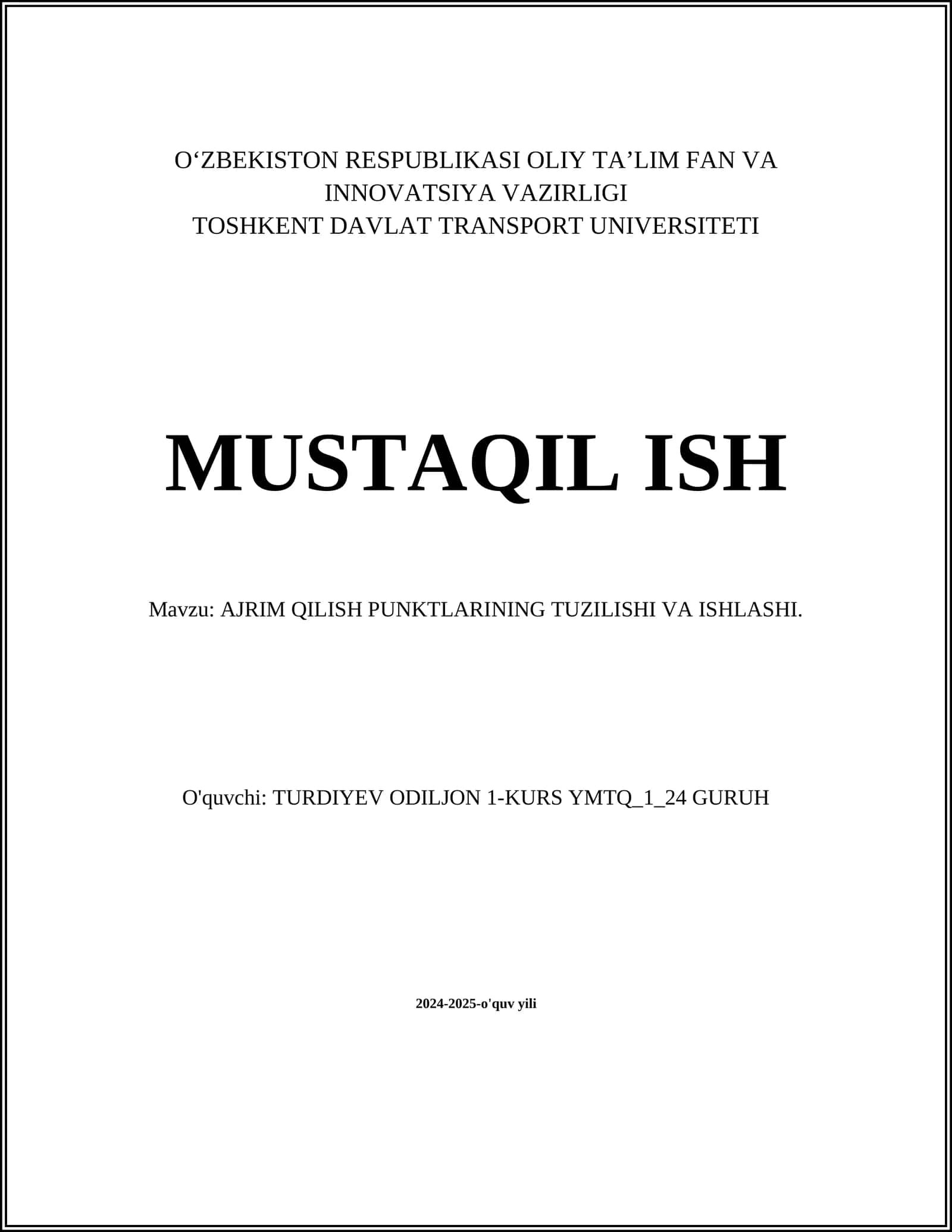 AJRIM QILISH PUNKTLARINING TUZILISHI VA ISHLASHI
