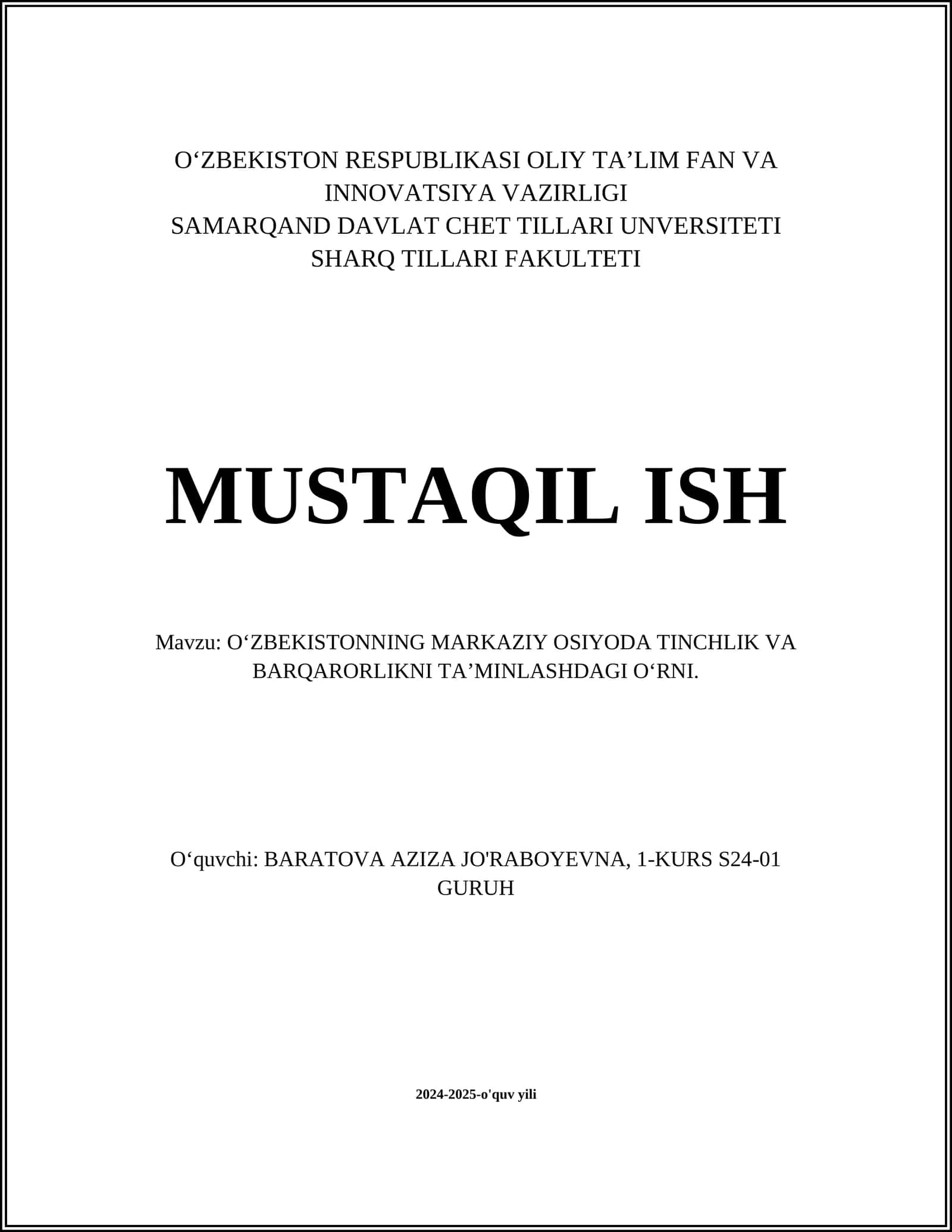 O‘zbekistonning Markaziy OSIYODA TINCHLIK VA BARQARORLIKNI TA’MINLASHDAGI O‘RNI