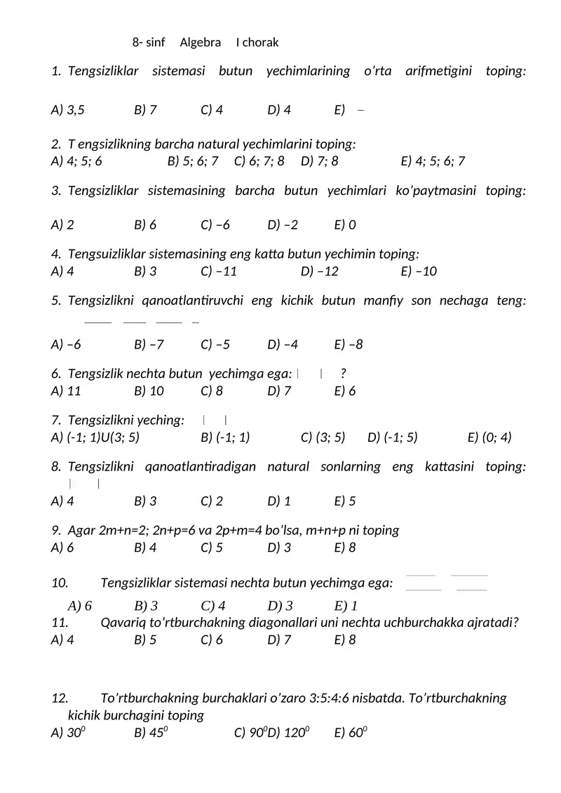 8- sinf Algebra I chorak