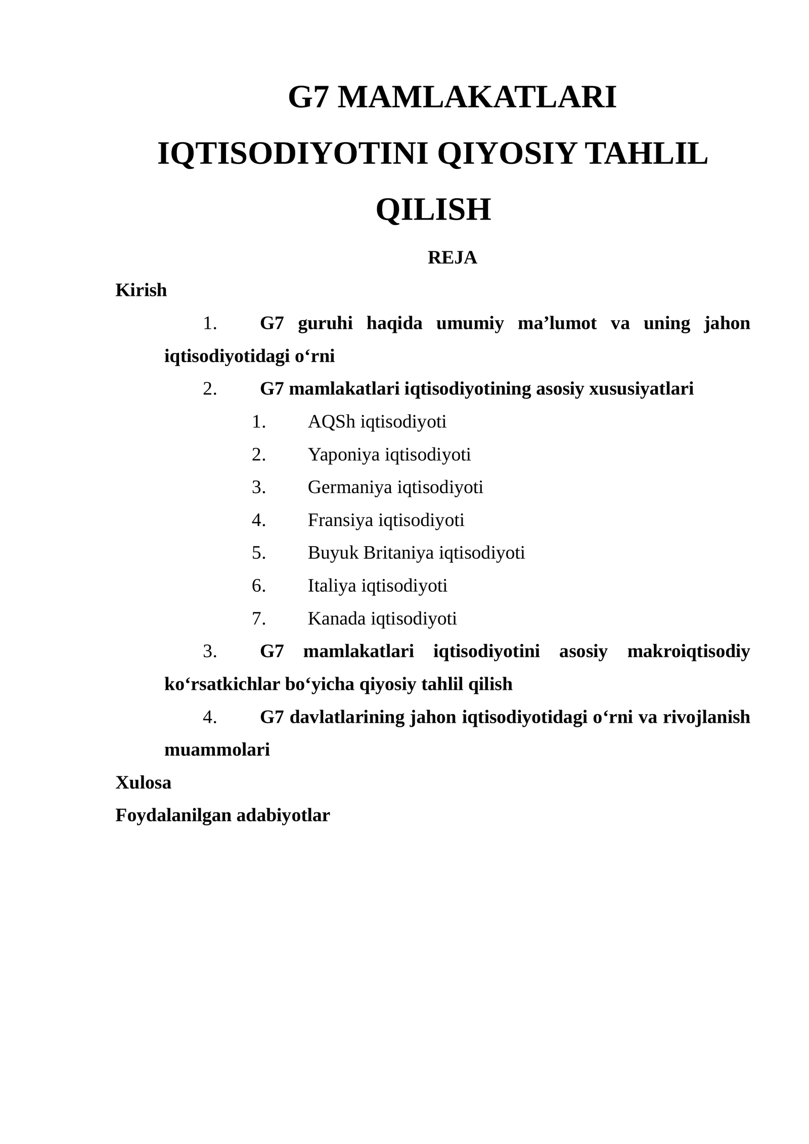 G7 MAMLAKATLARI IQTISODIYOTINI QIYOSIY TAHLIL QILISH