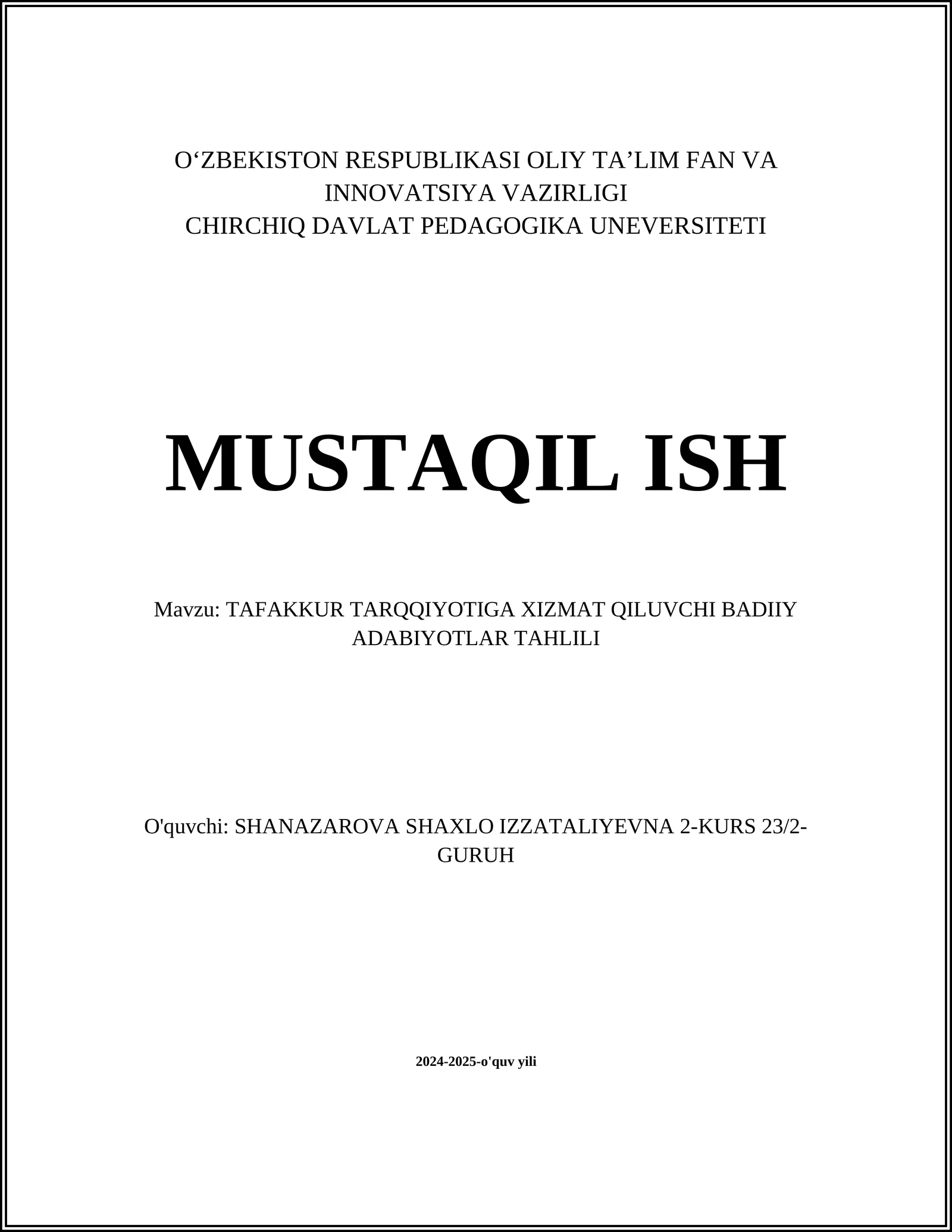 TAFAKKUR TARQQIYOTIGA XIZMAT QILUVCHI BADIIY ADABIYOTLAR TAHLILI