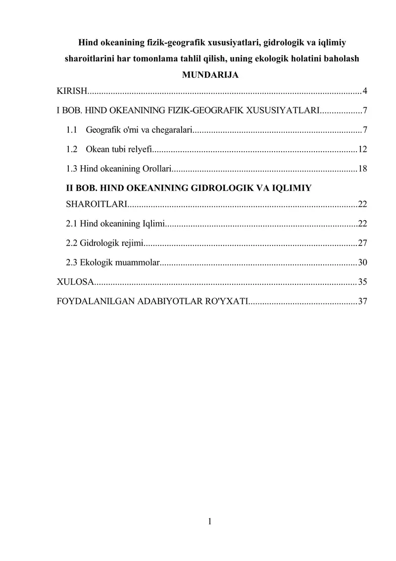 Hind okeanining fizik-geografik xususiyatlari, gidrologik va iqlimiy sharoitlari