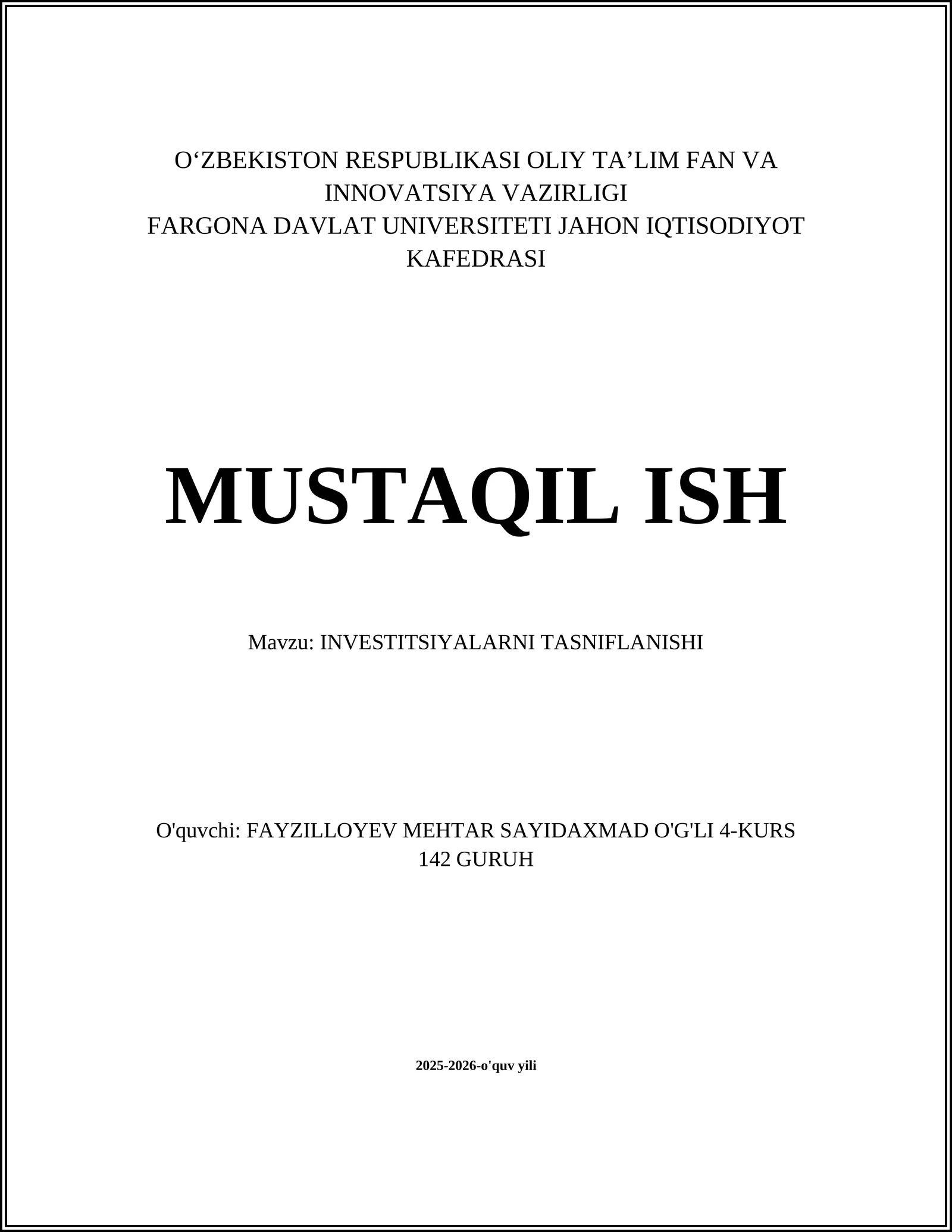 INVESTITSIYALARNI TASNIFLANISHI