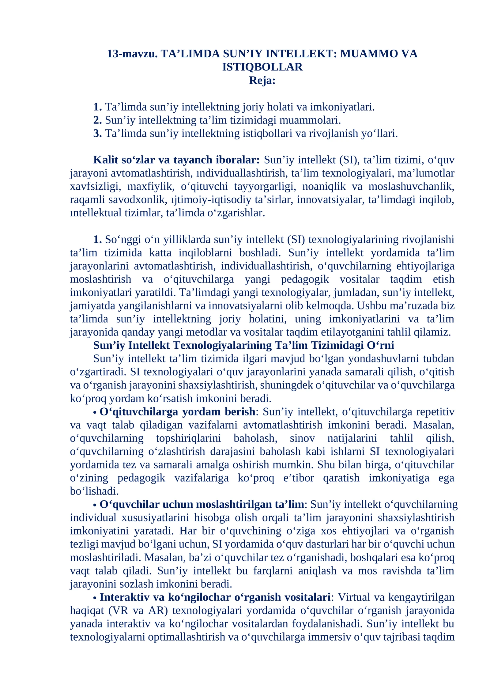 TA'LIMDA SUN’IY INTELLEKT: MUAMMO VA ISTIQBOLLAR