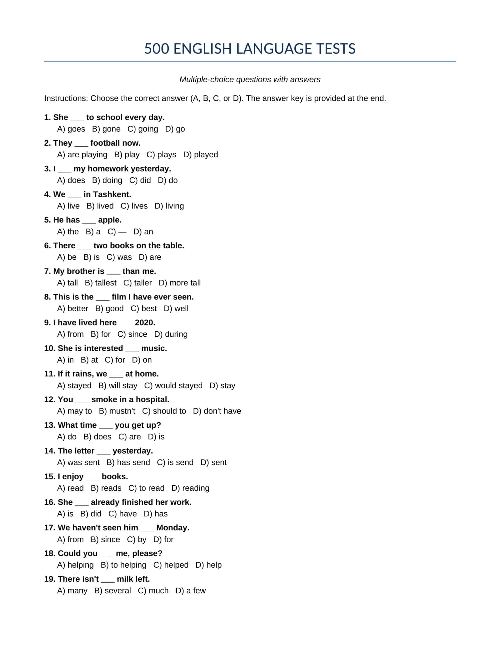 500 ENGLISH LANGUAGE TESTS