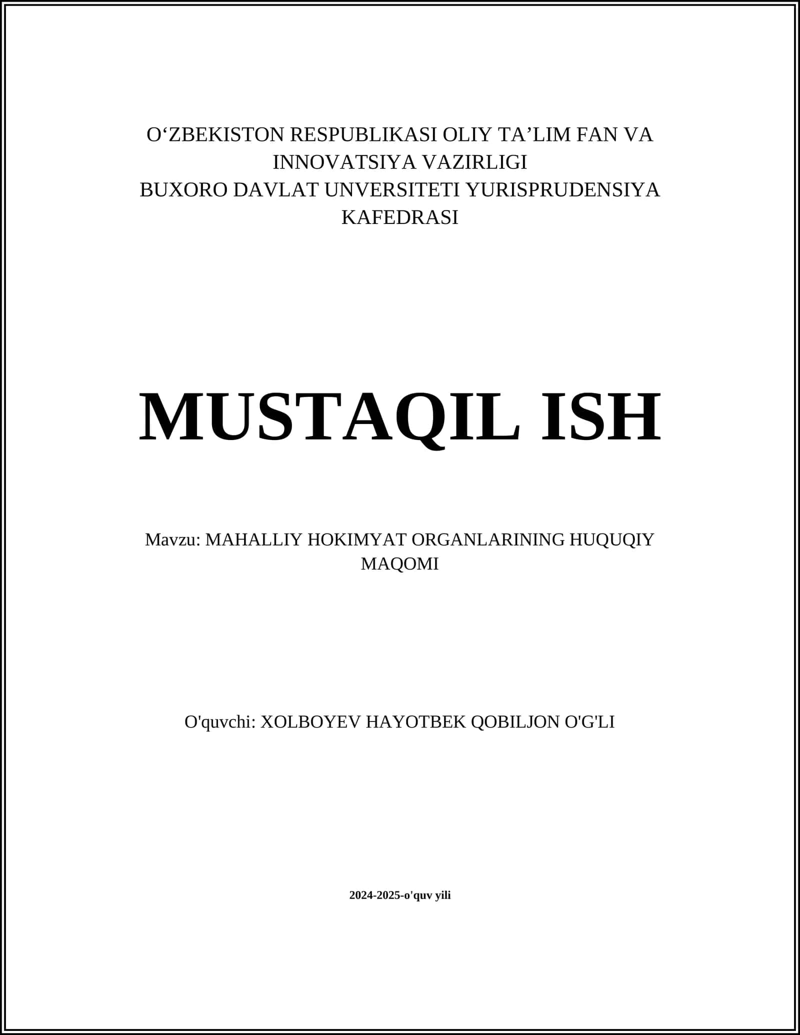 MAHALLIY HOKIMYAT ORGANLARINING HUQUQIY MAQOMI