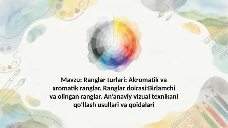 Ranglar turlari Akromatik va xromatik ranglar. Ranglar doirasi Birlamchi va olingan ranglar