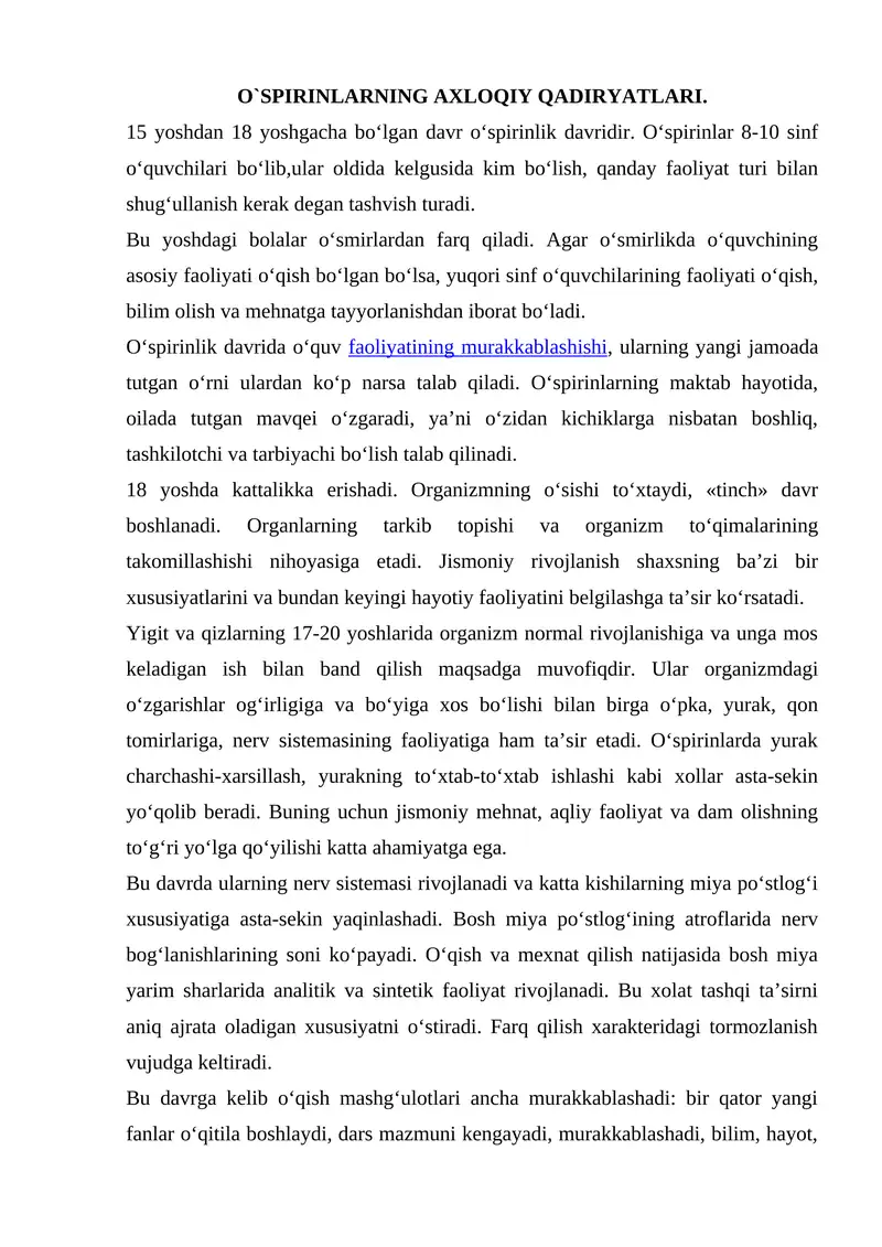 O`SPIRINLARNING AXLOQIY QADIRYATLARI