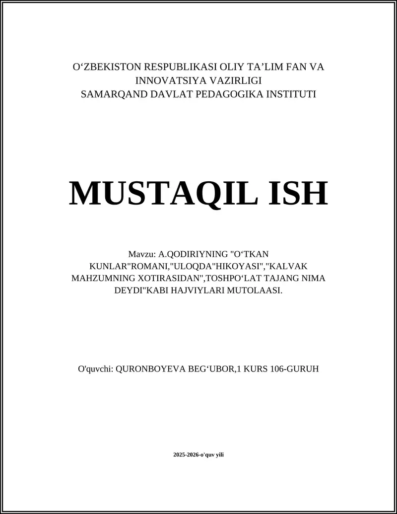 A.Qodiriyning "Oʻtkan Kunlar" Romani Hajviylari Mutolaasi