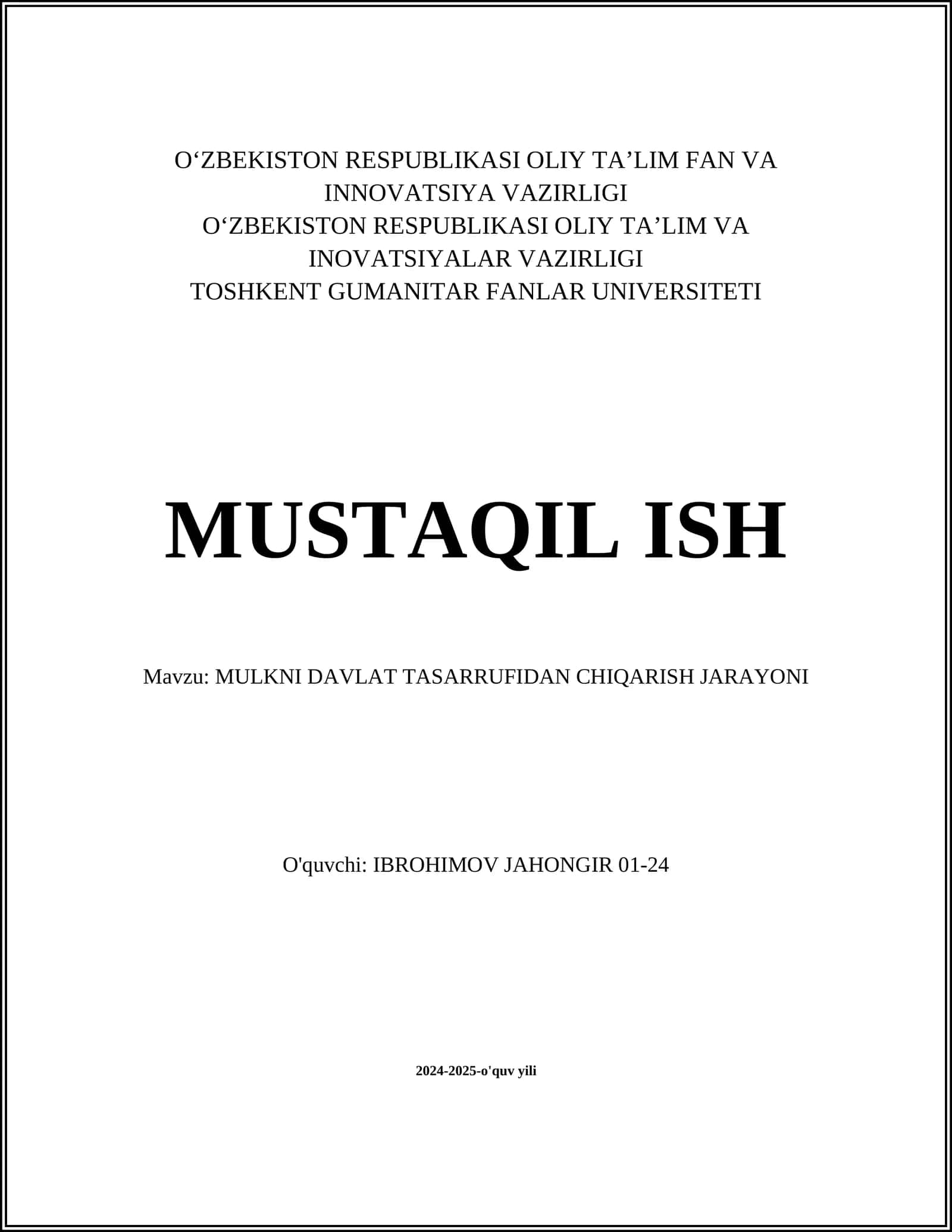 MULKNI DAVLAT TASARRUFIDAN CHIQARISH JARAYONI