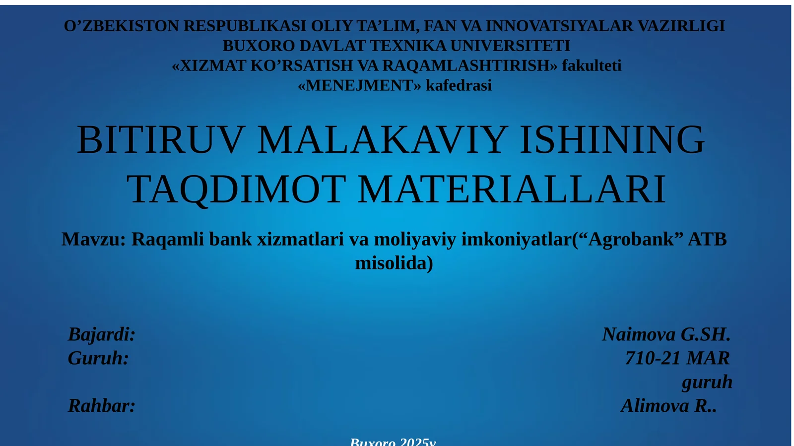 Raqamli bank xizmatlari va moliyaviy imkoniyatlar mavzusida DIPLOM ISHI