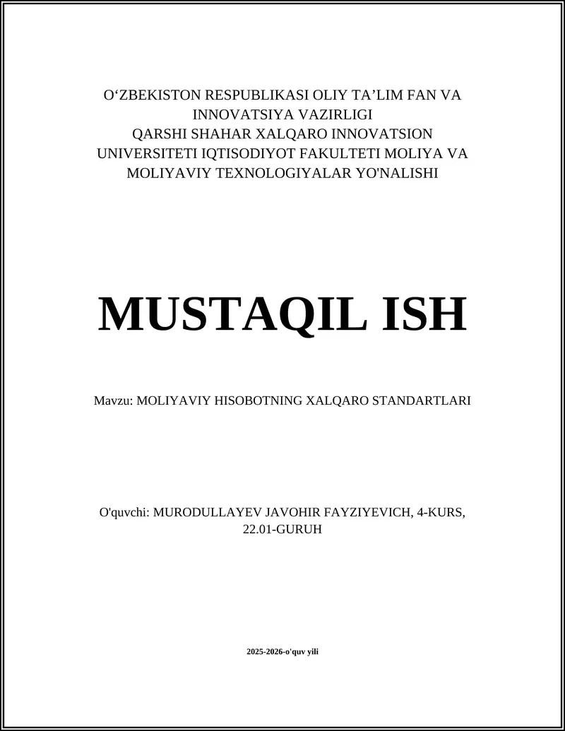 MOLIYAVIY HISOBOTNING XALQARO STANDARTLARI