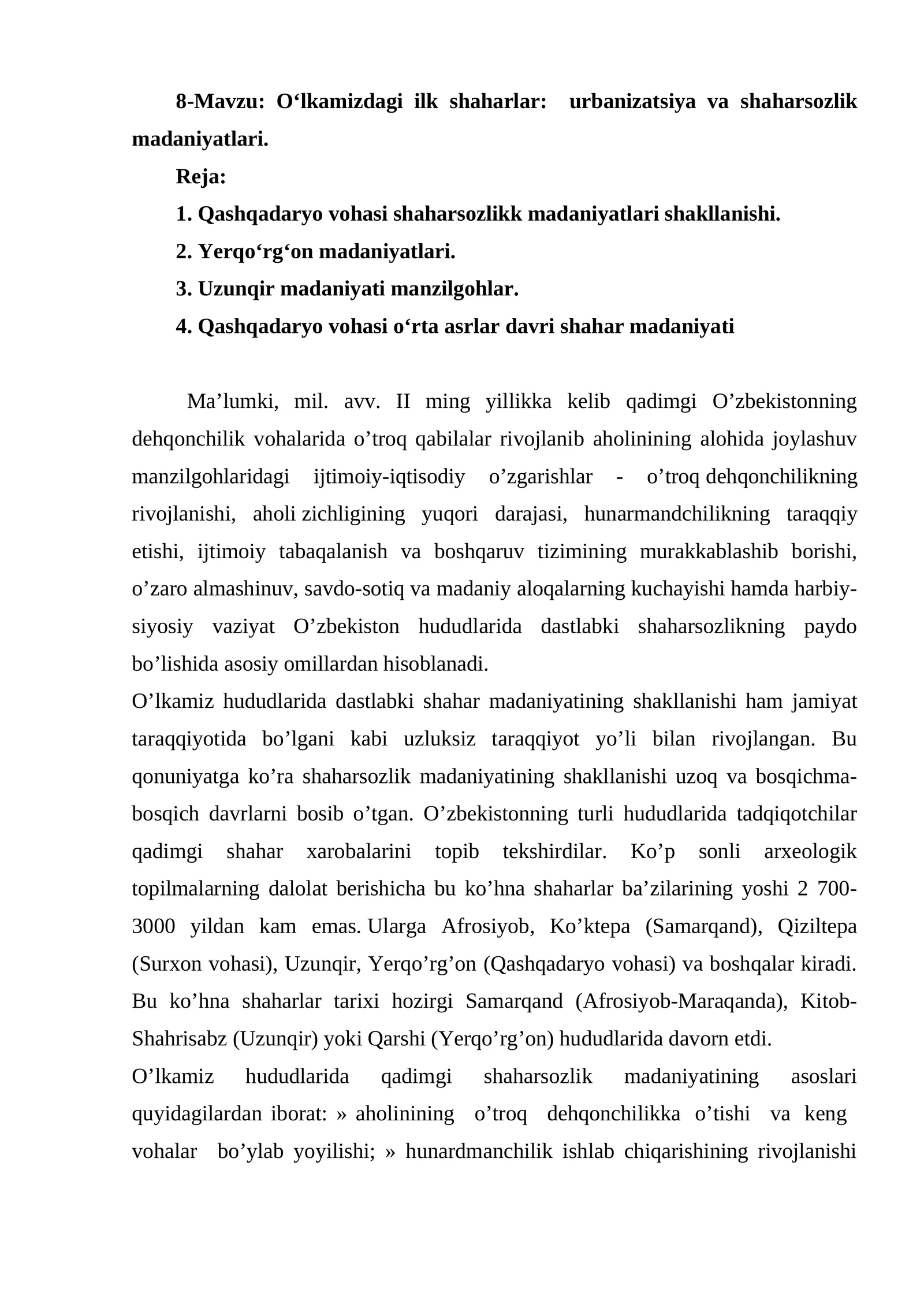 О‘lkamizdagi ilk shaharlar: urbanizatsiya va shaharsozlik madaniyatlari