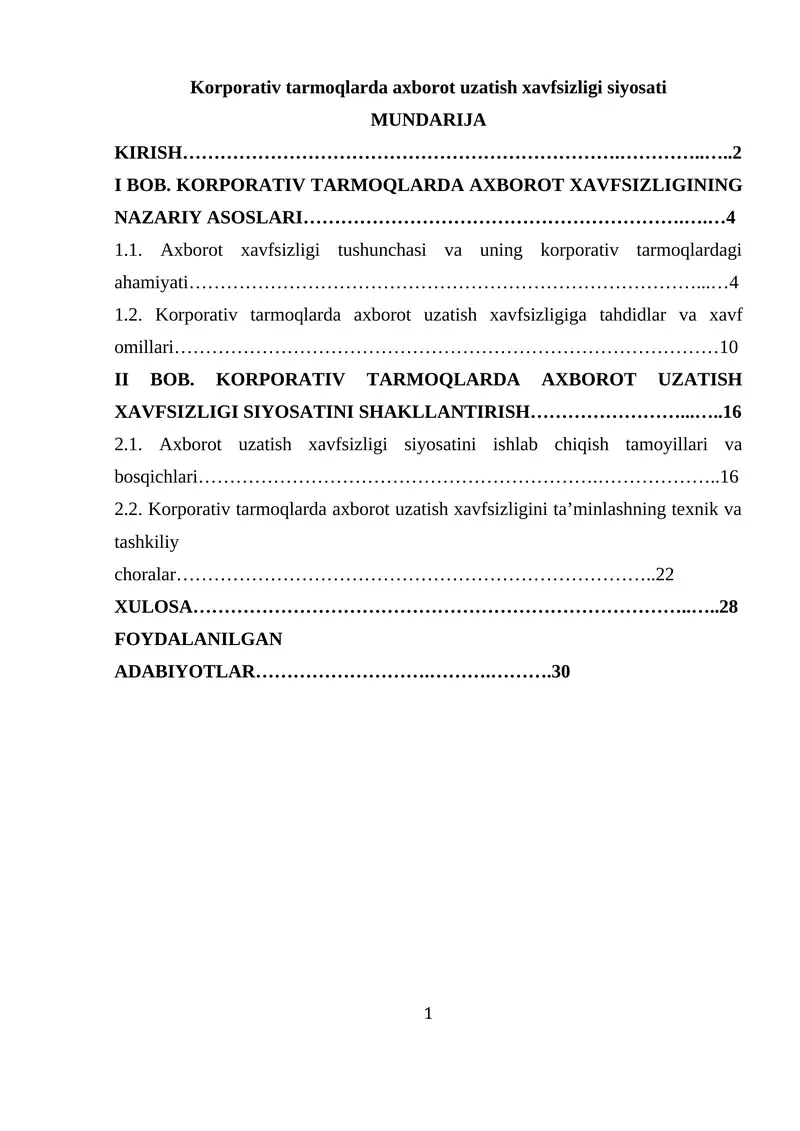 Korporativ tarmoqlarda axborot uzatish xavfsizligi siyosati