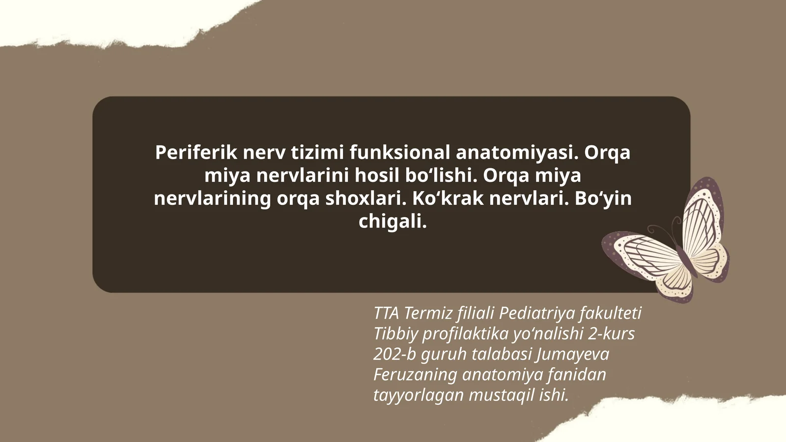 Periferik nerv tizimi funksional anatomiyasi. Orqa miya nervlarini hosil boʻlishi. Orqa miya nervlarining orqa shoxlari. Koʻkrak nervlari. Boʻyin chigali
