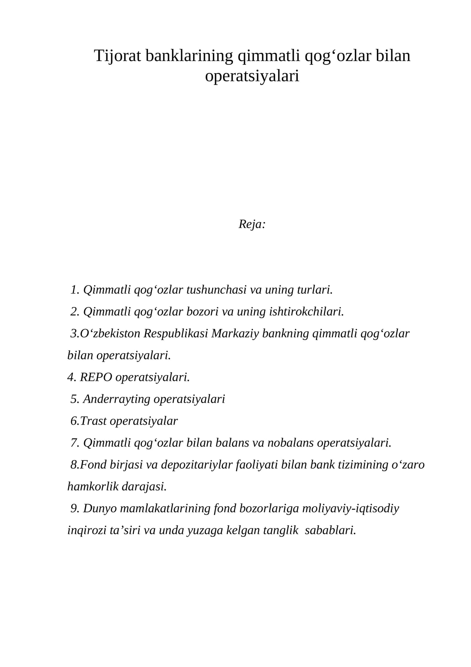 Qimmatli qog‘ozlar bilan operatsiyalari