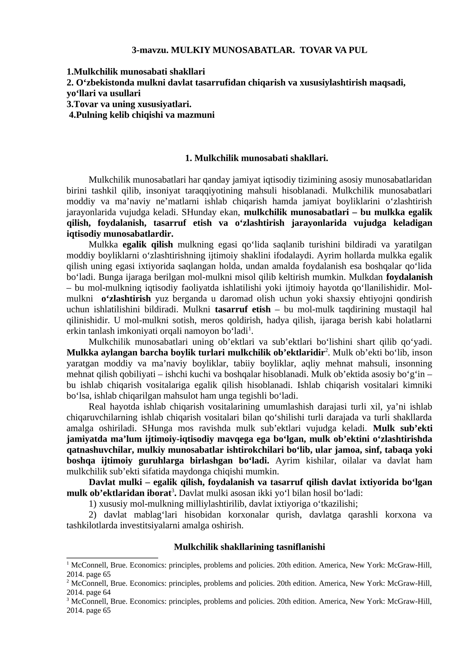 MULKIY MUNOSABATLAR. TOVAR va PUL