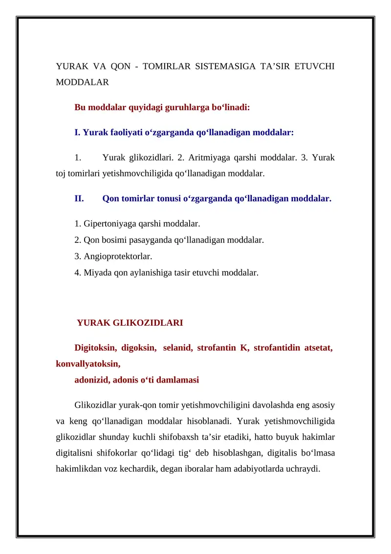 YURAK VA QON - TOMIRLAR SISTEMASIGA TA’SIR ETUVCHI MODDALAR