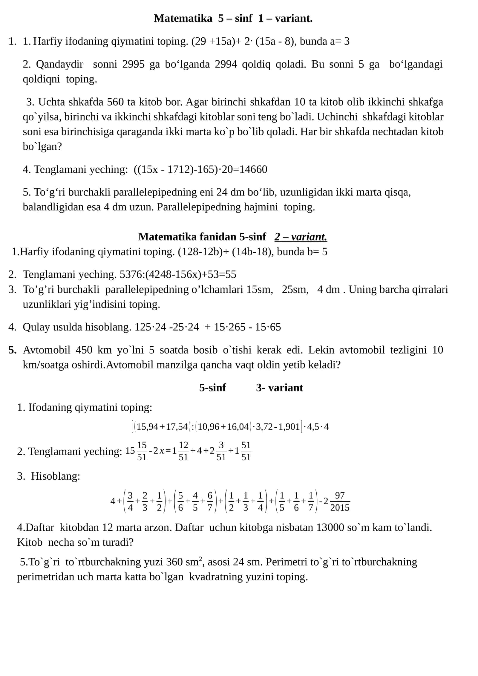 Matematika 5 – sinf 1 – variant