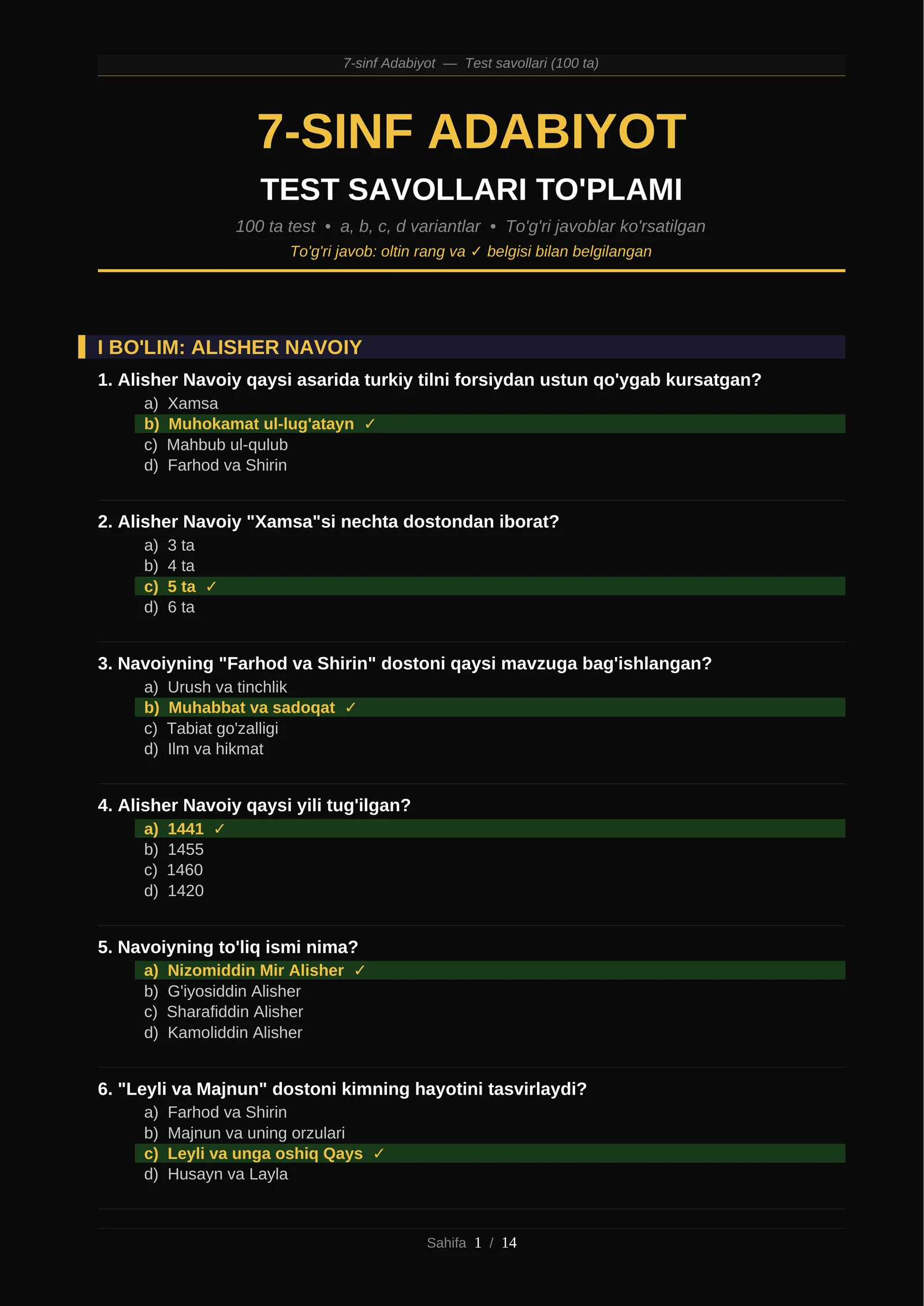 7-sinf Adabiyot — Test savollari (100 ta)
