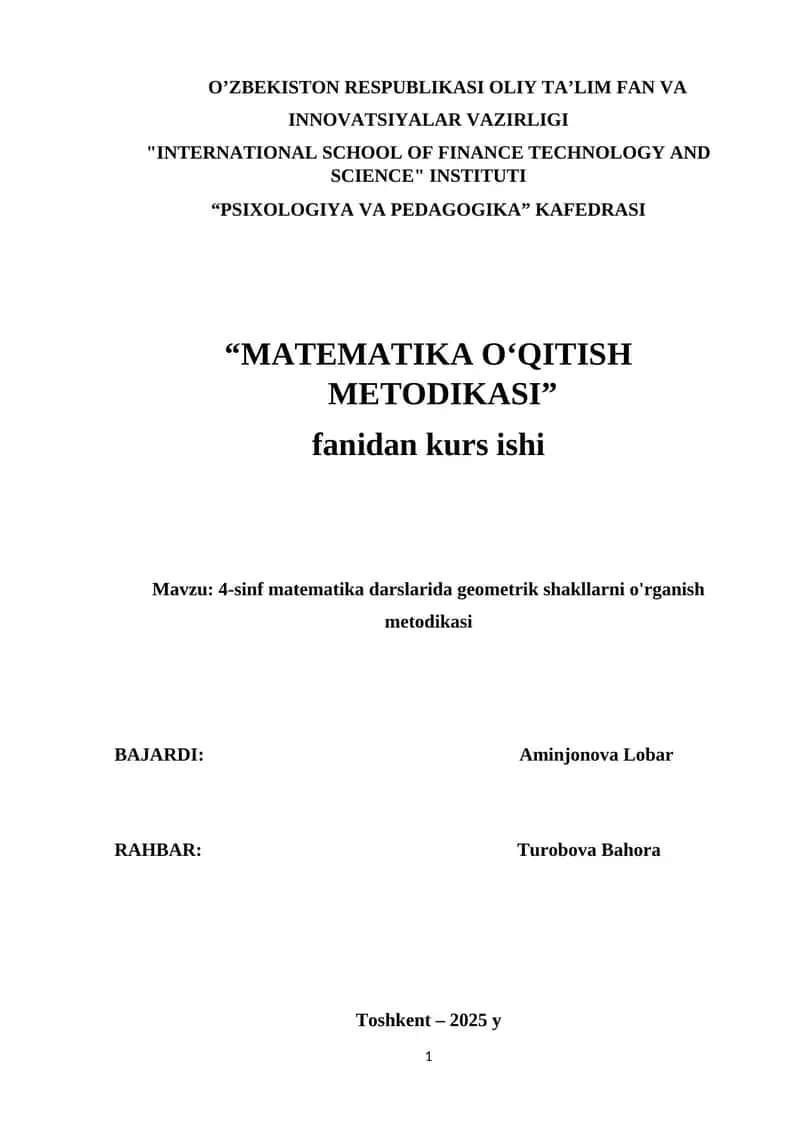 4-SINF MATEMATIKA DARSLARIDA GEOMETRIK SHAKLLARNI O'RGANISH METODIKASI