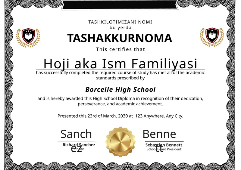 Tashakkurnoma shablon tayyori andoza