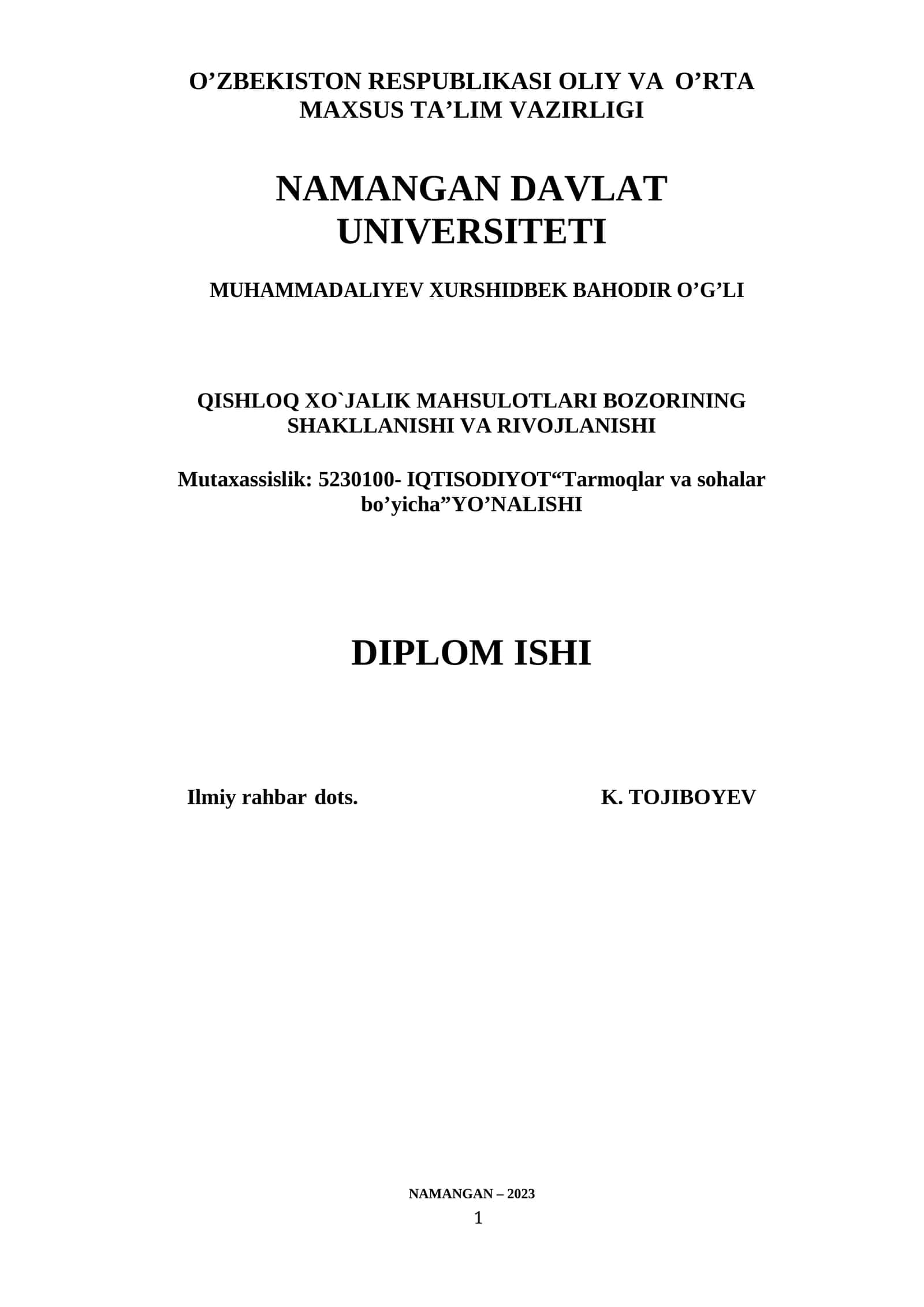 QISHLOQ XO`JALIK MAHSULOTLARI BOZORINING SHAKLLANISHI VA RIVOJLANISHI