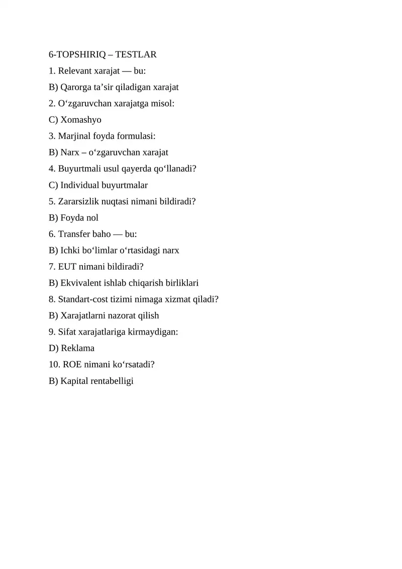 Test javoblari boshqaruv hisobi