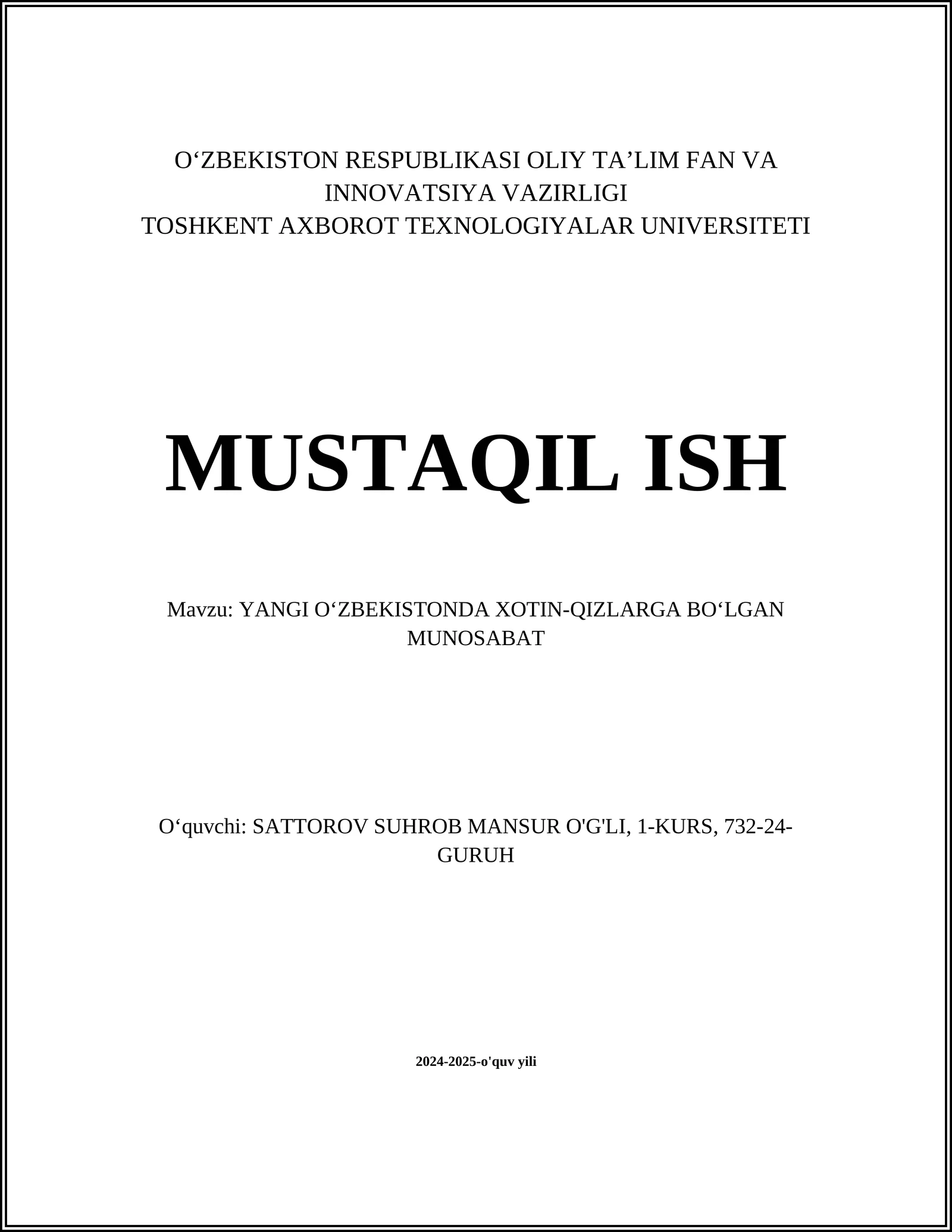 YANGI O‘ZBEKISTONDA XOTIN-QIZLARGA BO‘LGAN MUNOSABAT
