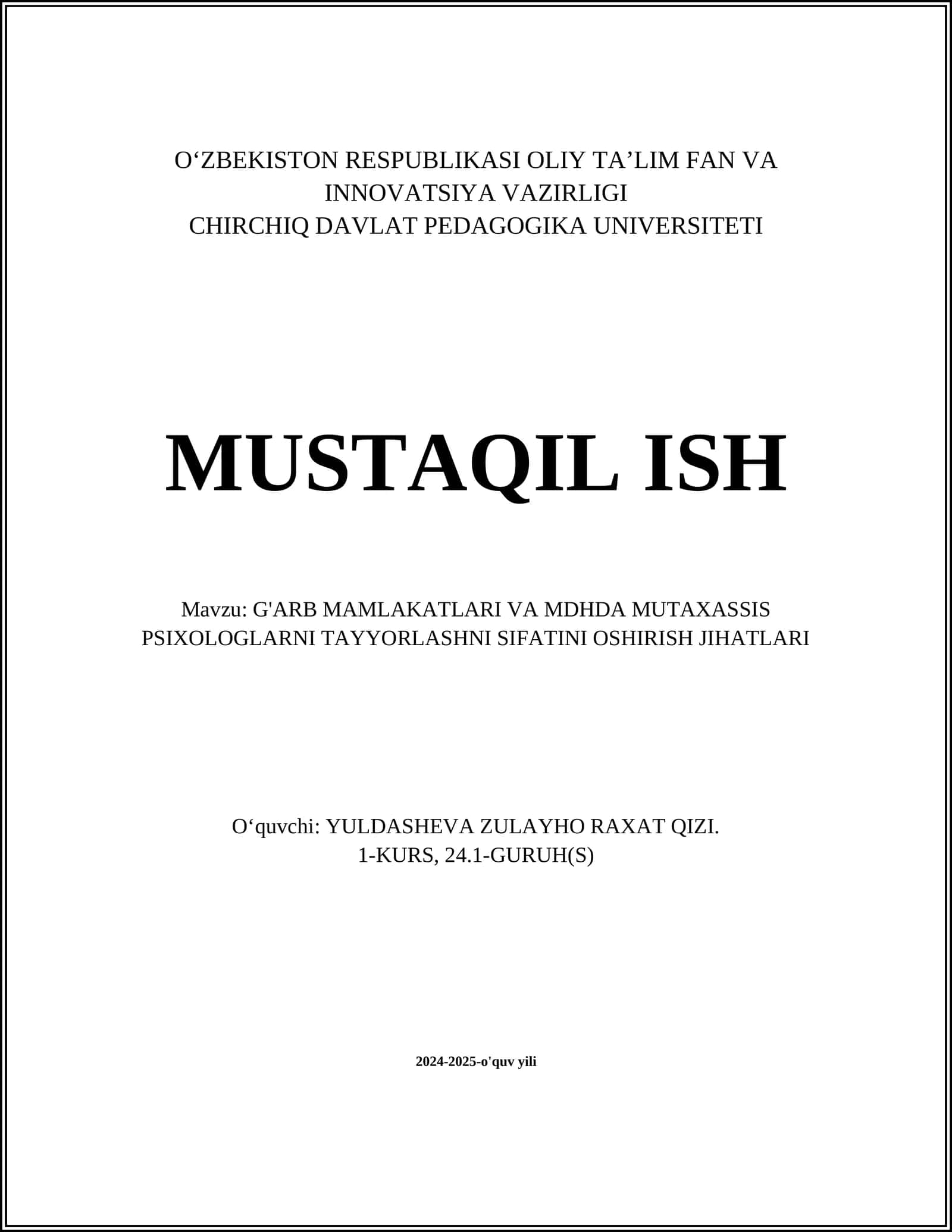 G'ARB MAMLAKATLARI VA MDHDA MUTAXASSIS PSIXOLOGLARNI TAYYORLASHNI SIFATINI OSHIRISH JIHATLARI