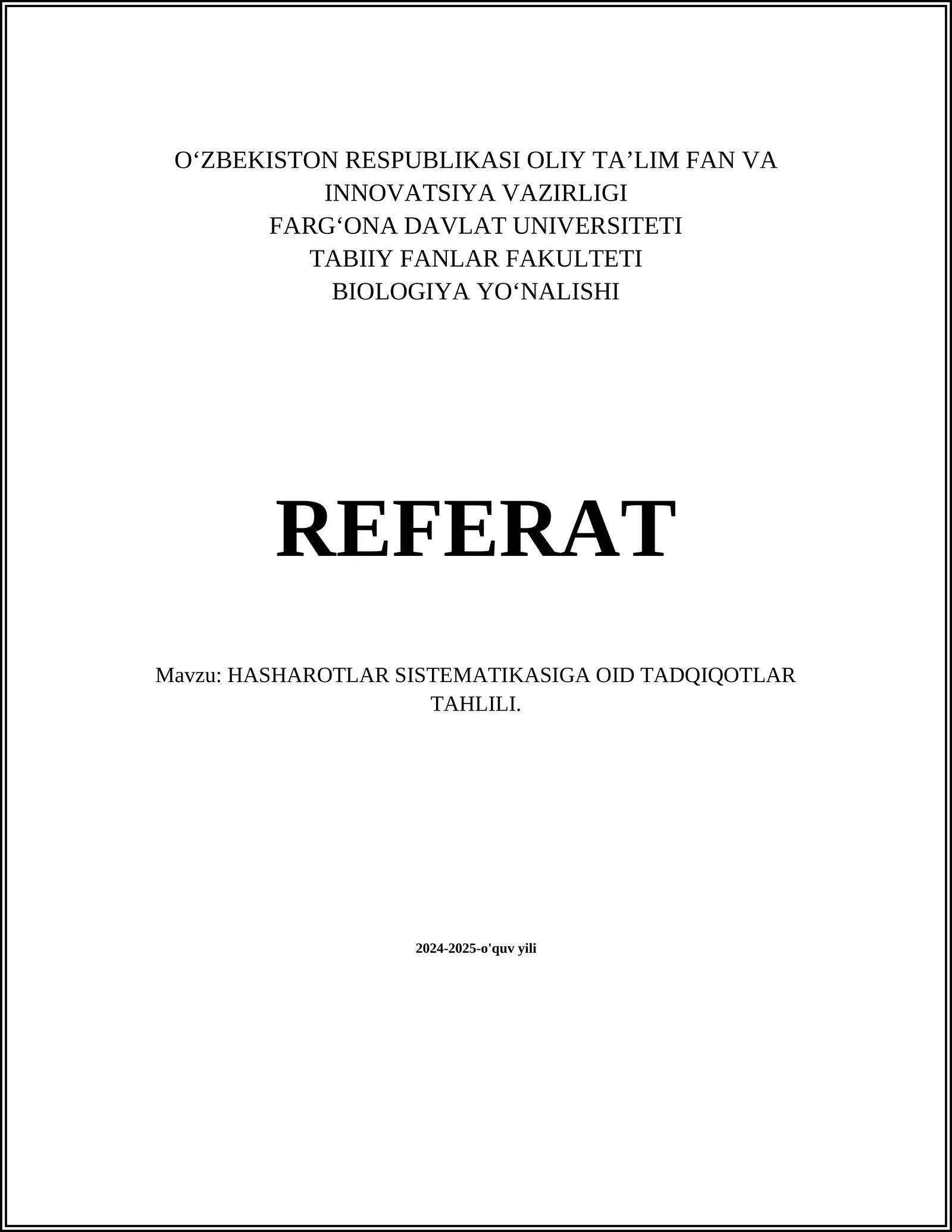 HASHAROTLAR SISTEMATIKASIGA OID TADQIQOTLAR TAHLILI