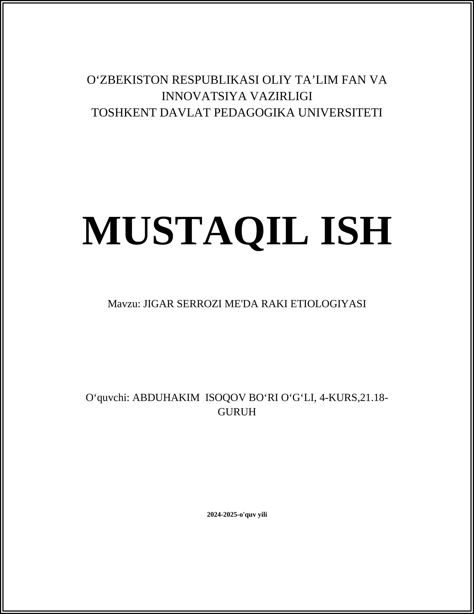 JIGAR SERROZI ME'DA RAKI ETIOLOGIYASI