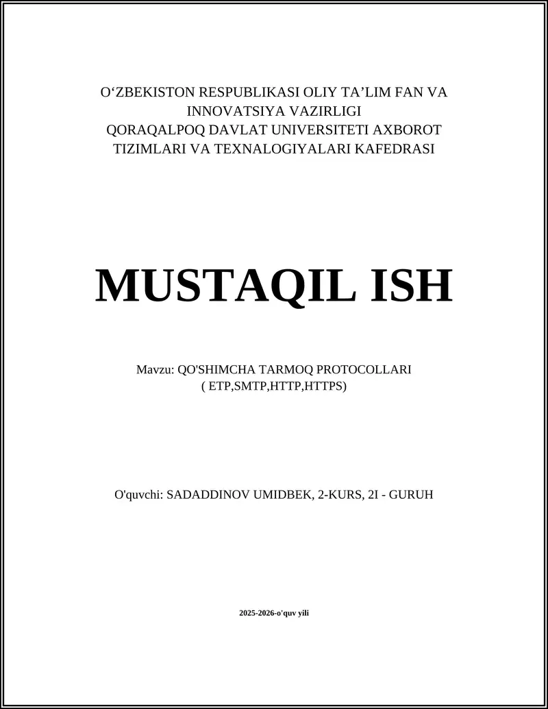 QO'SHIMCHA TARMOQ PROTOCOLLARI ( ETP,SMTP,HTTP,HTTPS)