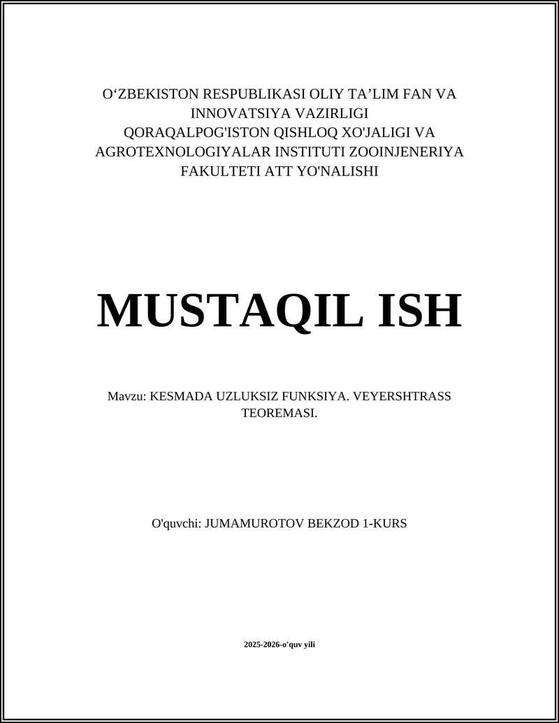 KESMADA UZLUKSIZ FUNKSIYA. VEYERSHTRASS TEOREMASI