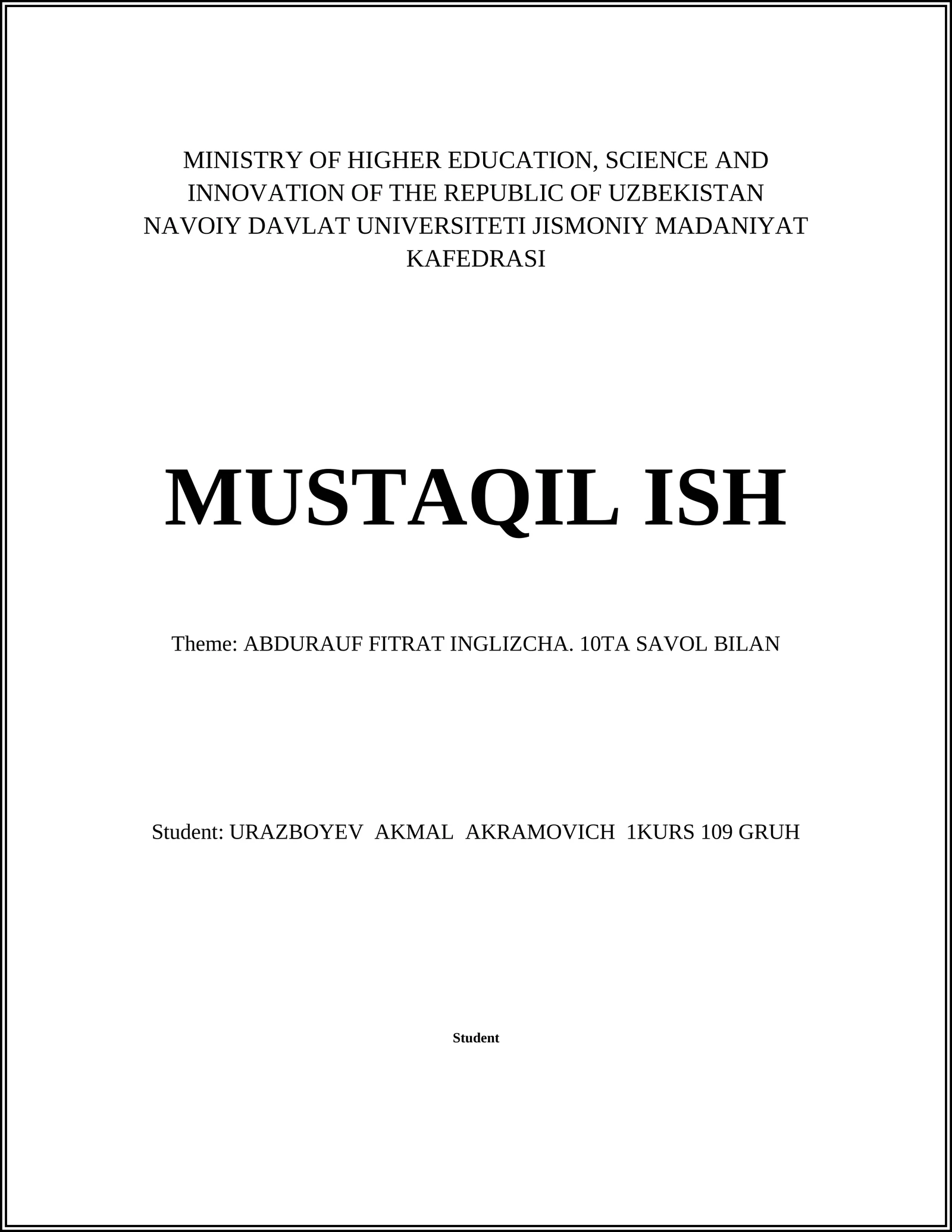 ABDURAUF FITRAT INGLIZCHA. 10TA SAVOL BILAN
