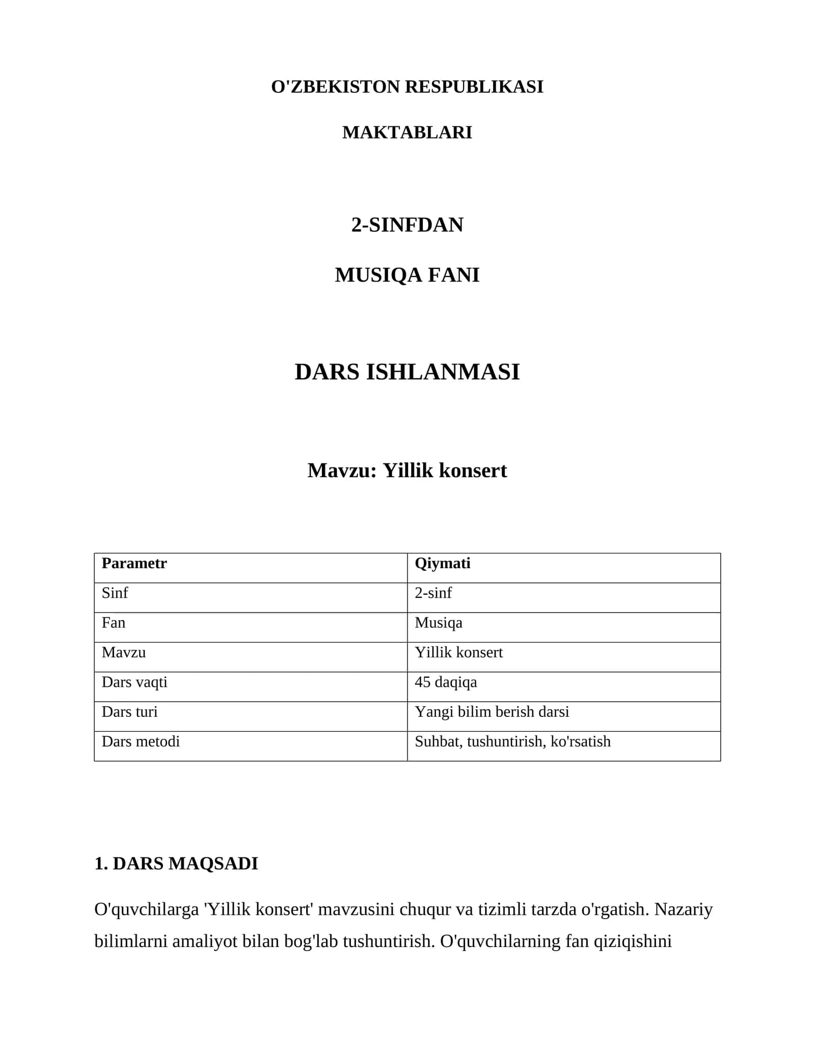 Dars ishlanmasi "Yillik konsert"