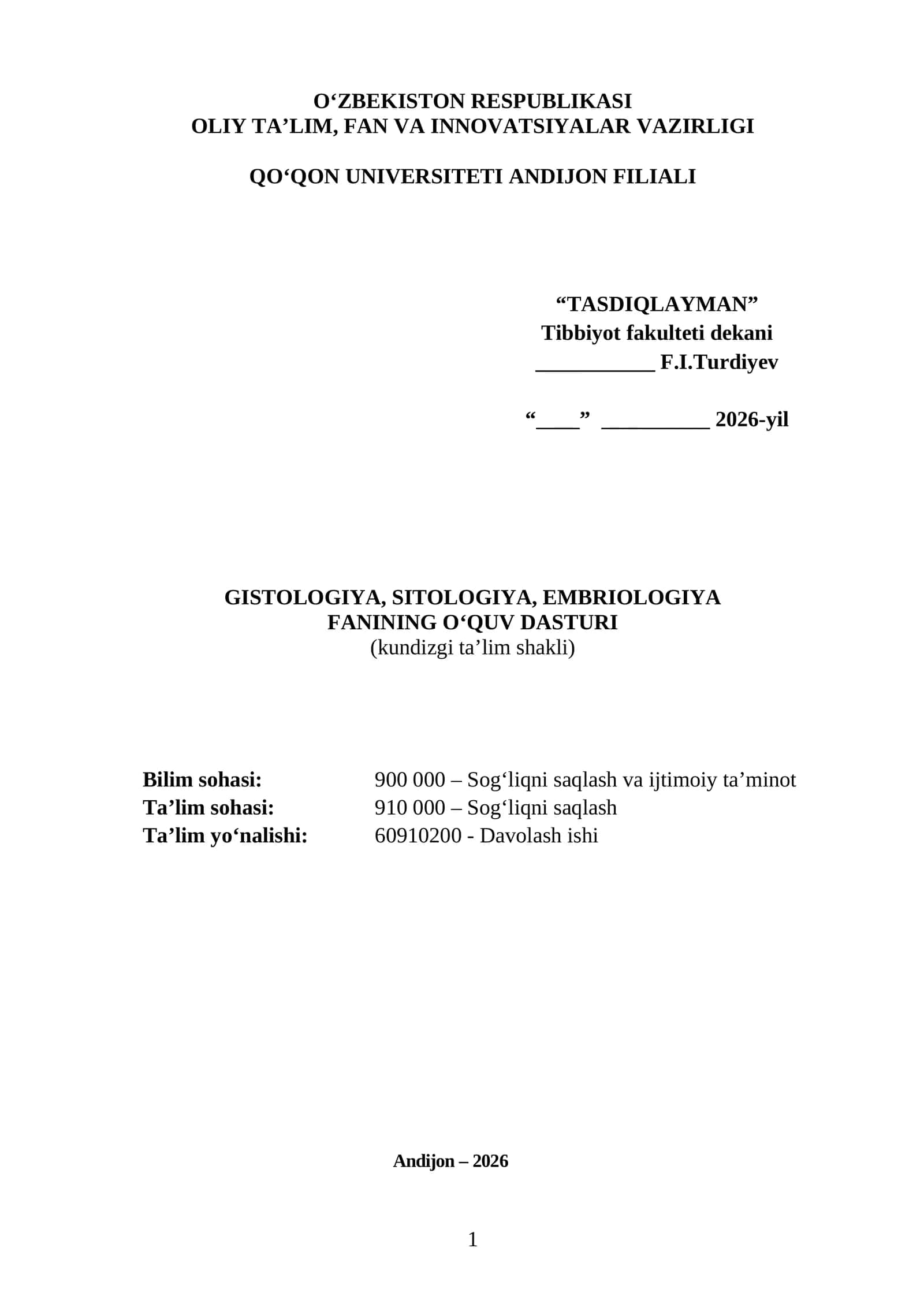 GISTOLOGIYA, SITOLOGIYA, EMBRIOLOGIYA FANINING O‘QUV DASTURI