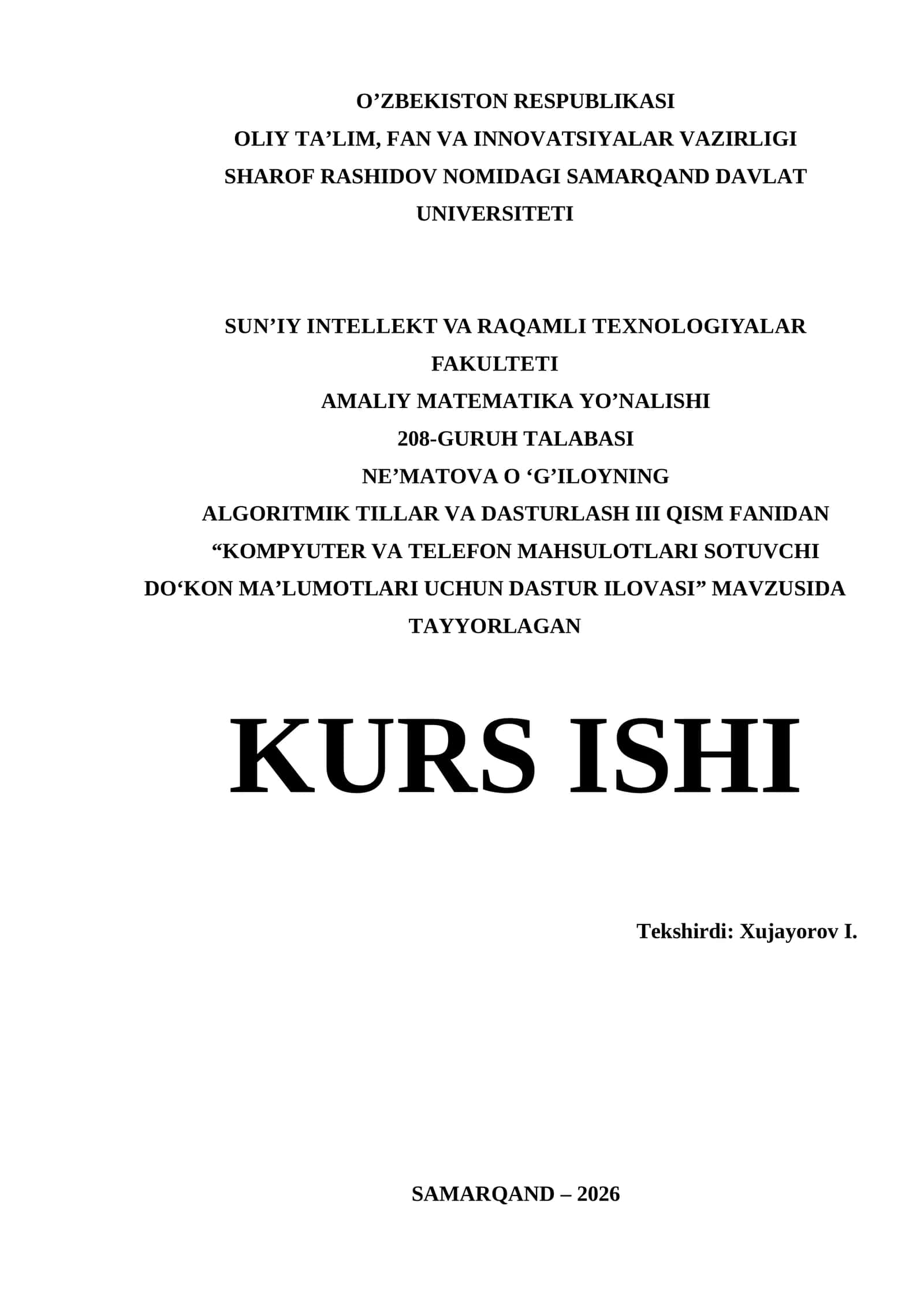 Visual Studio muhitida dasturlash | Kurs ishi - KOMPYUTER VA TELEFON MAHSULOTLARI SOTUVCHI DO‘KON MA’LUMOTLARI UCHUN DASTUR ILOVASI