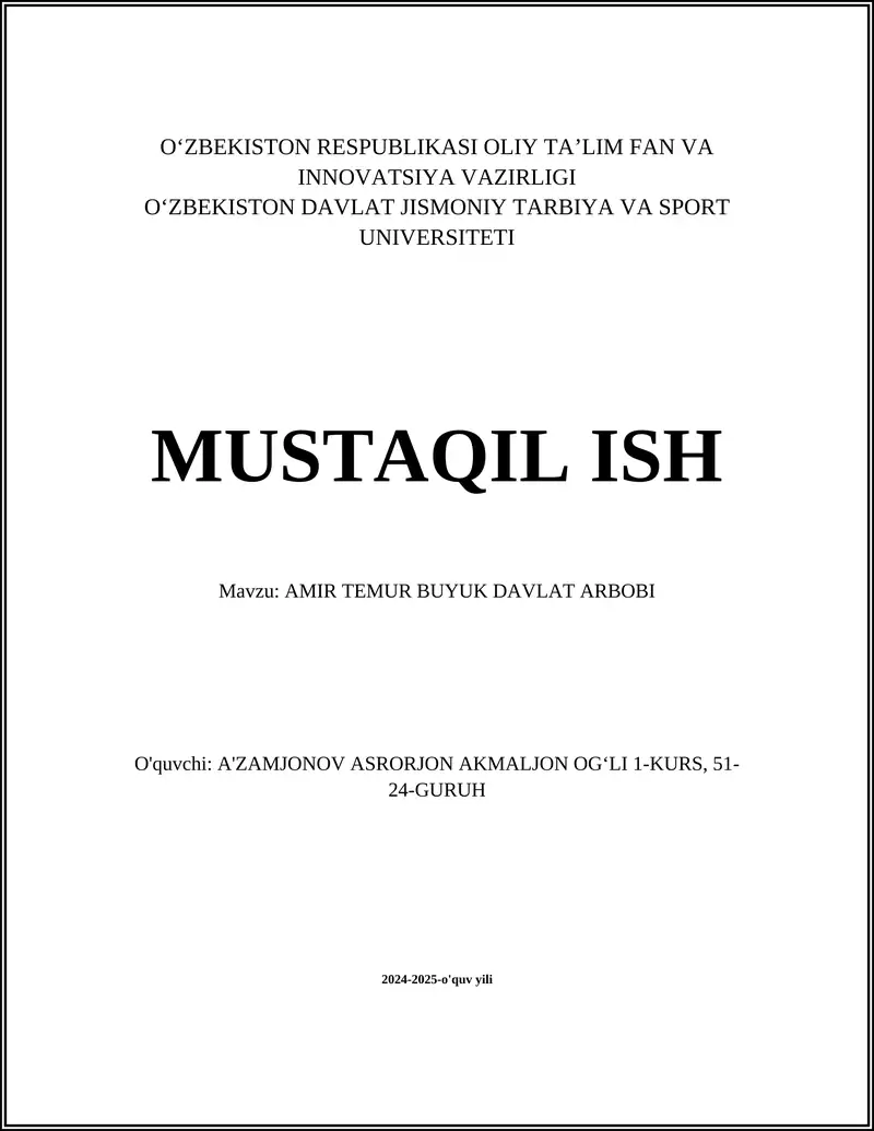 AMIR TEMUR BUYUK DAVLAT ARBOBI