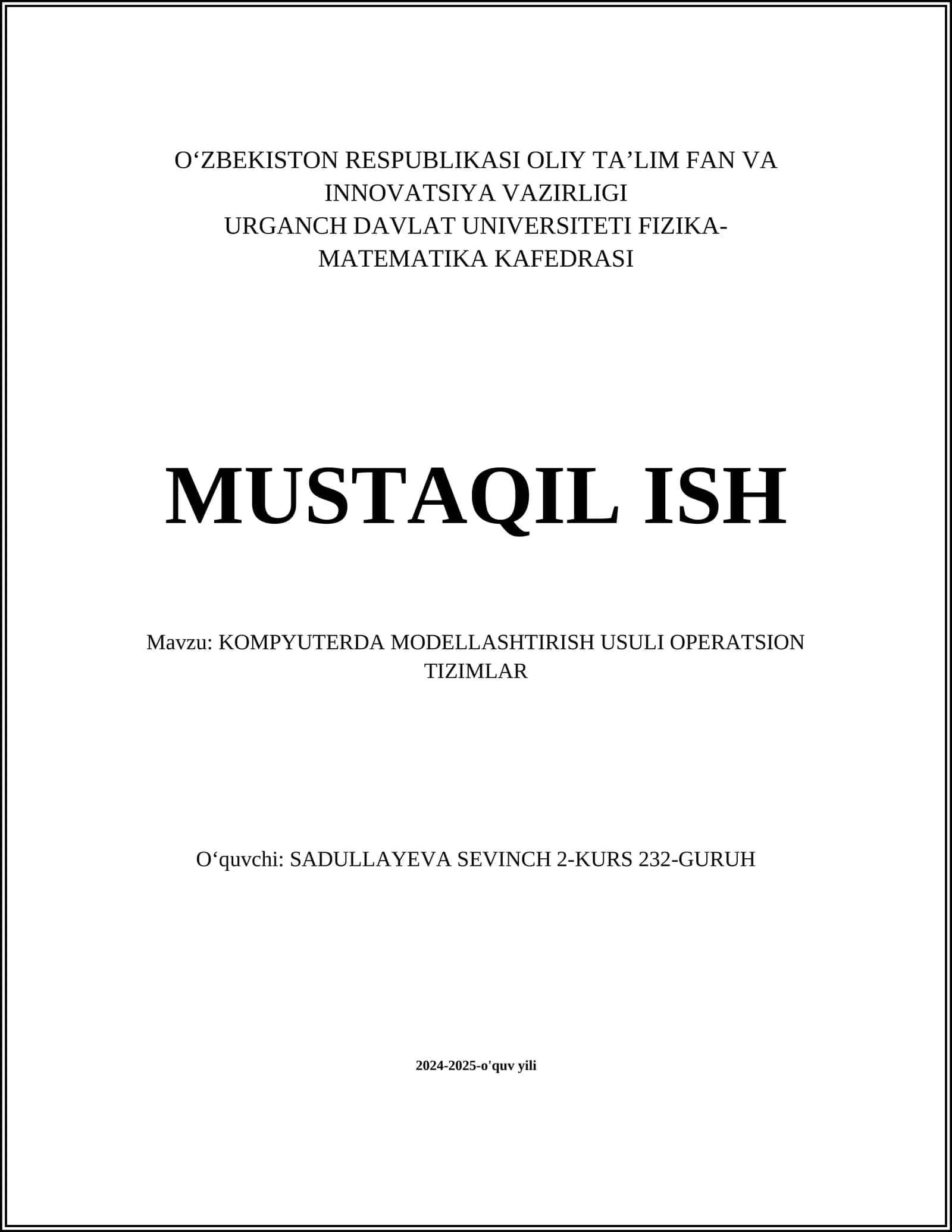 KOMPYUTERDA MODELLASHTIRISH USULI OPERATSION TIZIMLAR