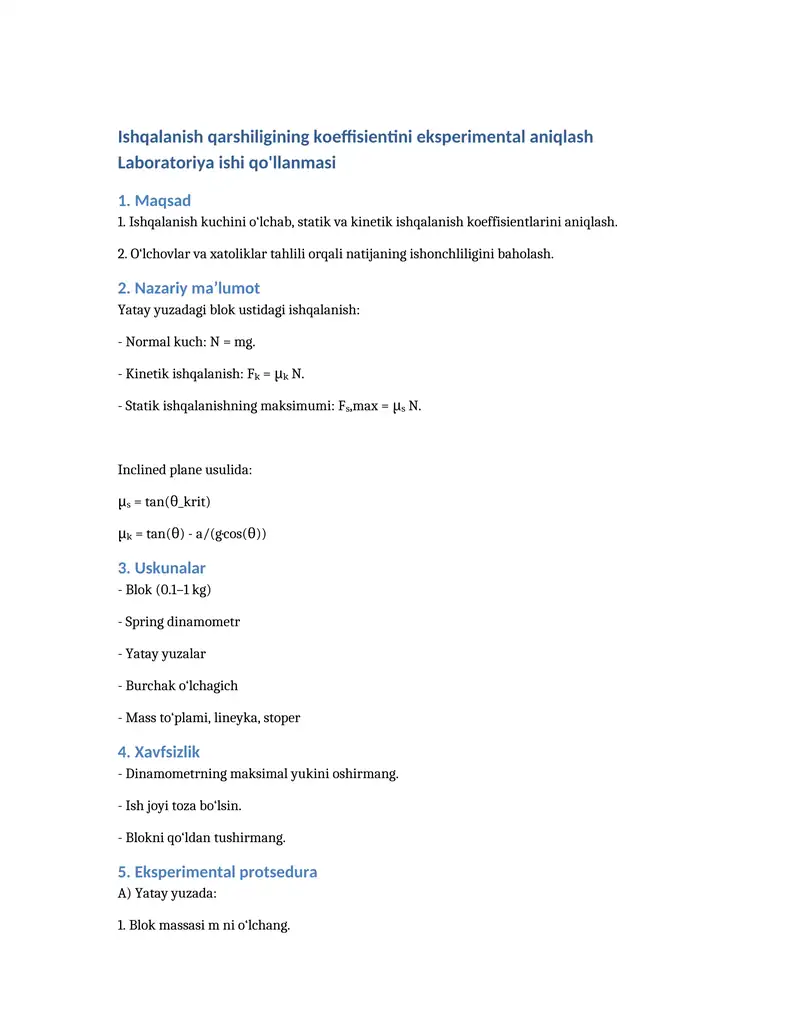 Ishqalanish qarshiligining koeffisientini eksperimental aniqlash