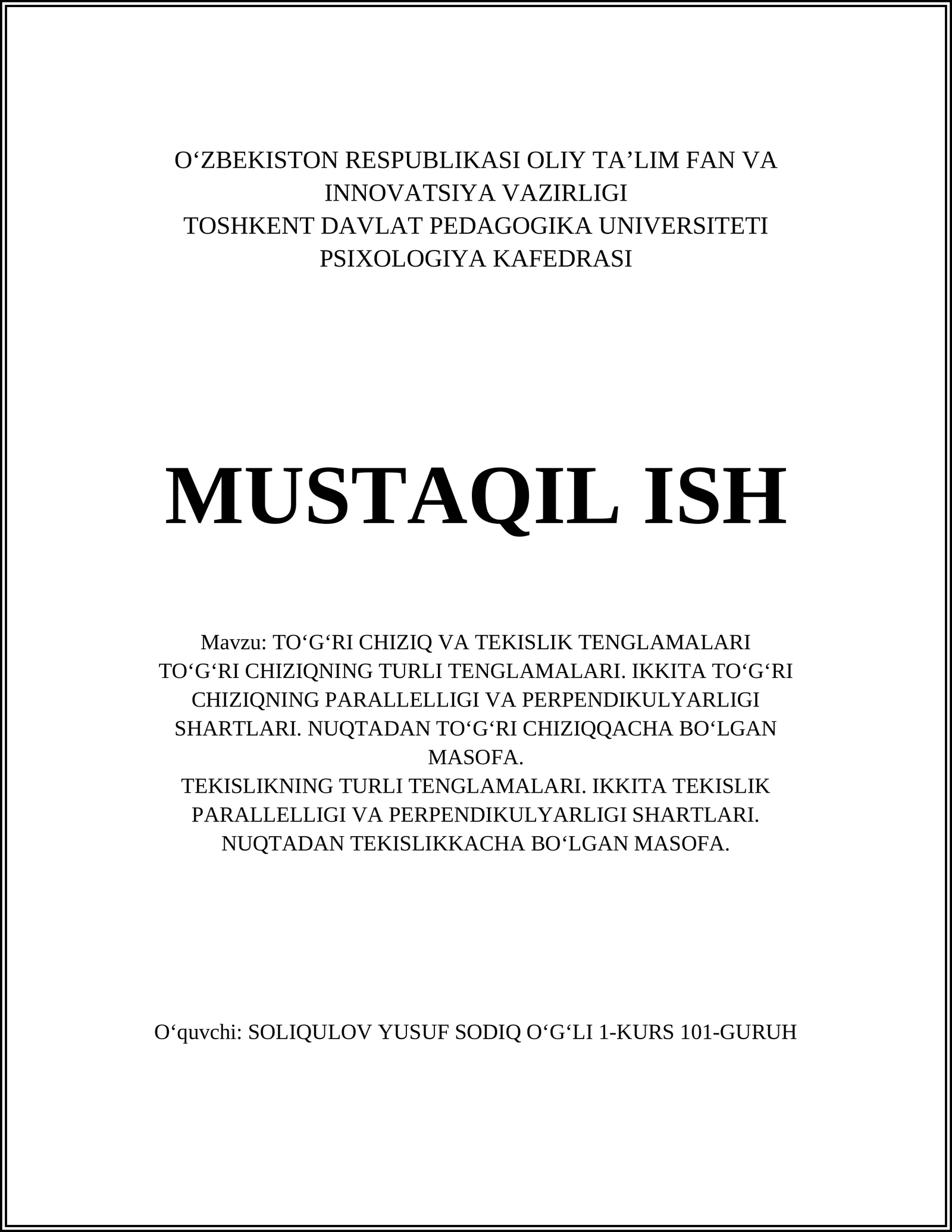 TO‘G‘RI CHIZIQ VA TEKISLIK TENGLAMALARI