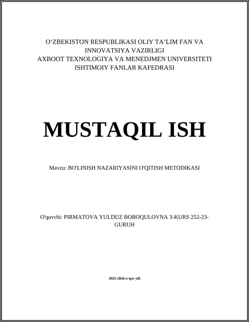 BO'LINISH NAZARIYASINI O'QITISH METODIKASI
