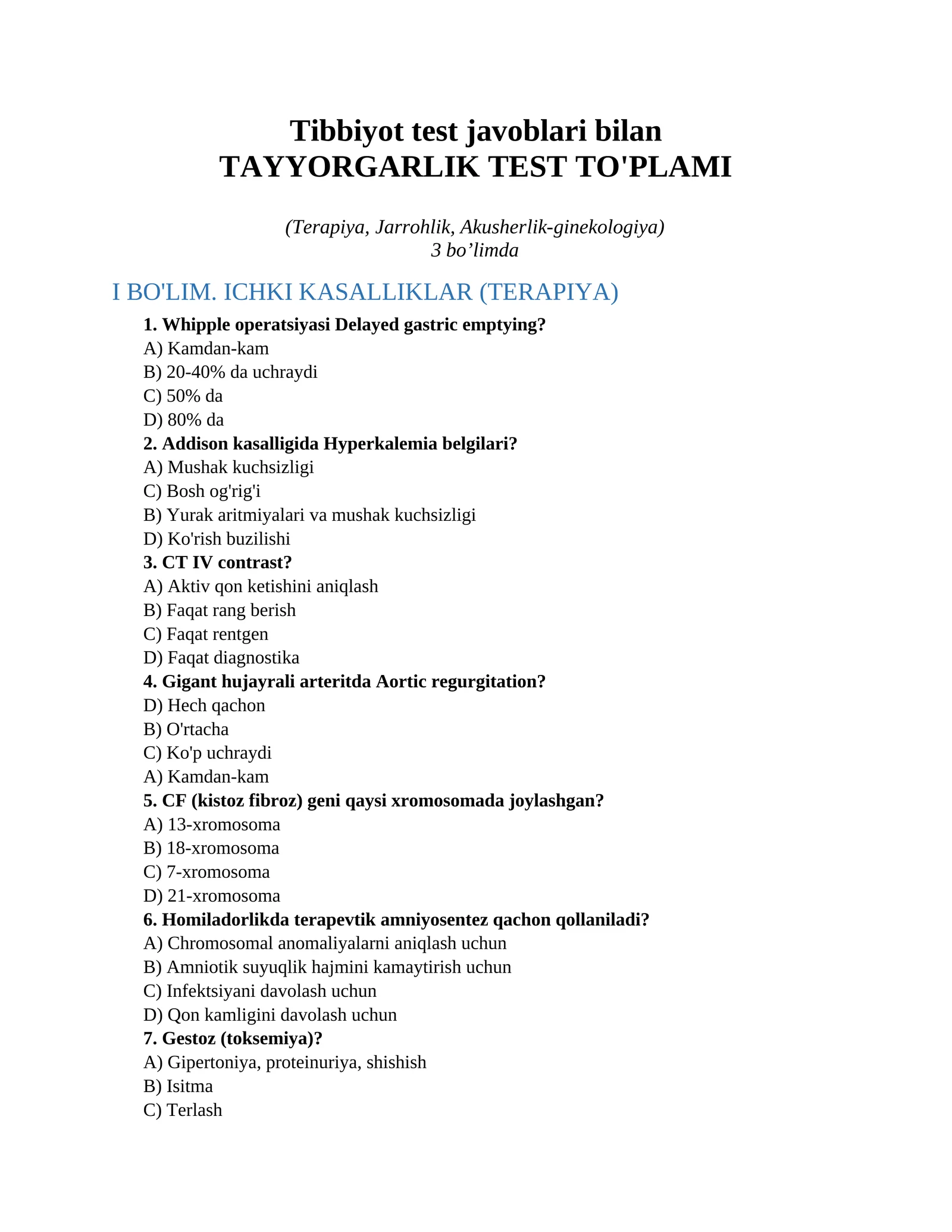 Tibbiyot test javoblari bilan