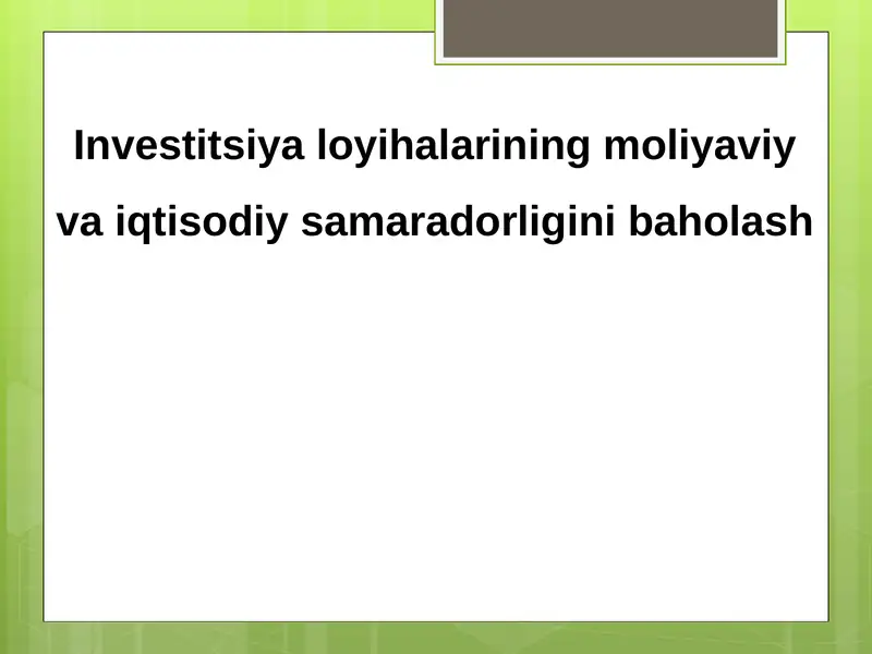 Investitsiya loyihalarining moliyaviy va iqtisodiy samaradorligini baholash