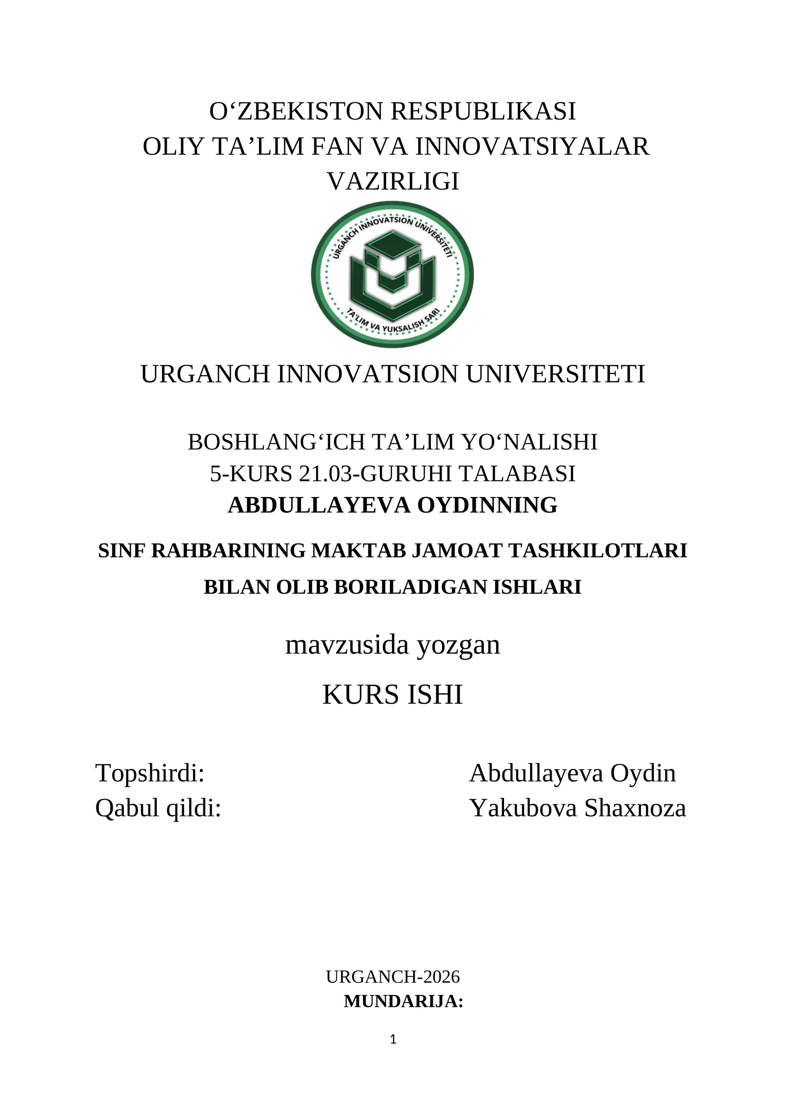 SINF RAHBARINING MAKTAB JAMOAT TASHKILOTLARI BILAN OLIB BORILADIGAN ISHLARI