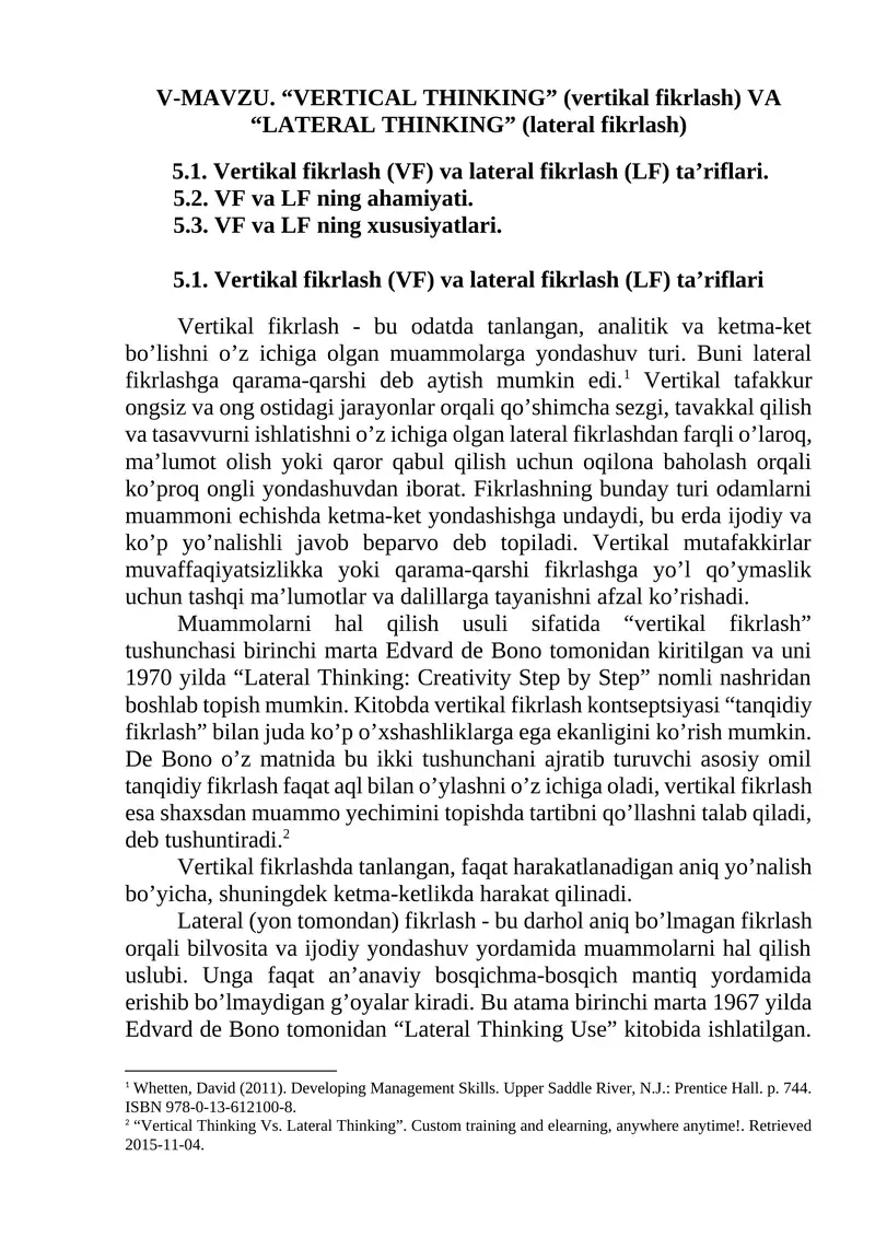 "VERTICAL THINKING" (vertikal fikrlash) VA "LATERAL THINKING" (lateral fikrlash)