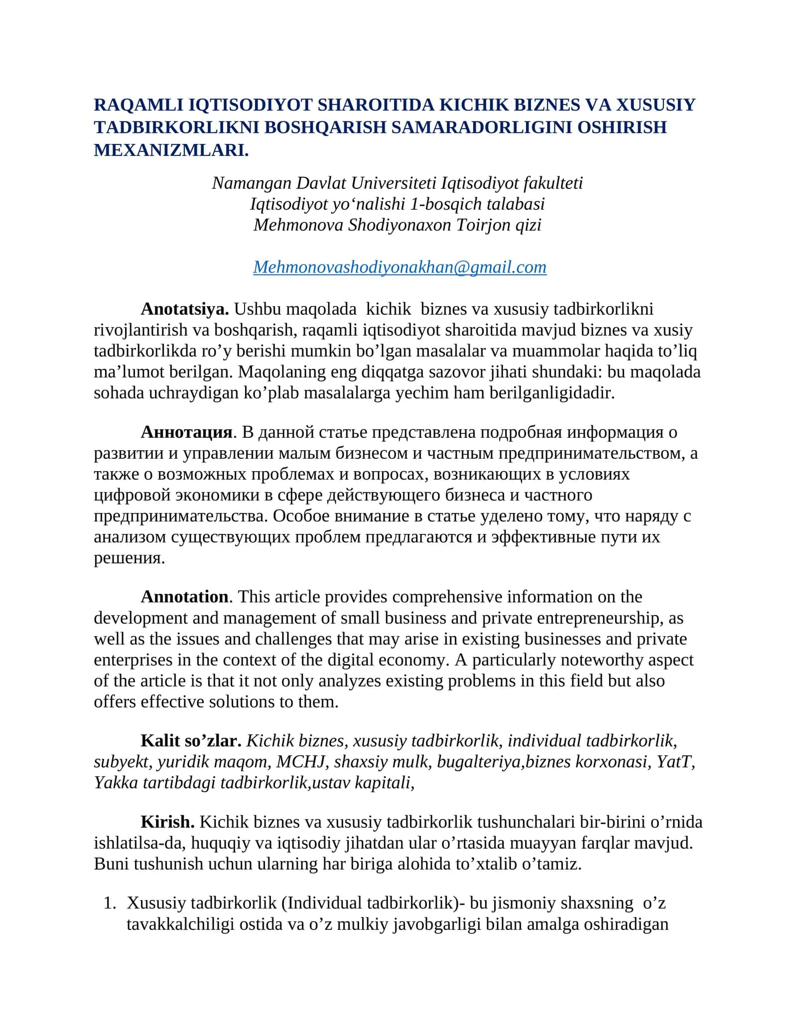 RAQAMLI IQTISODIYOT SHAROITIDA KICHIK BIZNES VA XUSUSIY TADBIRKORLIKNI BOSHQARISH SAMARADORLIGINI OSHIRISH MEXANIZMLARI